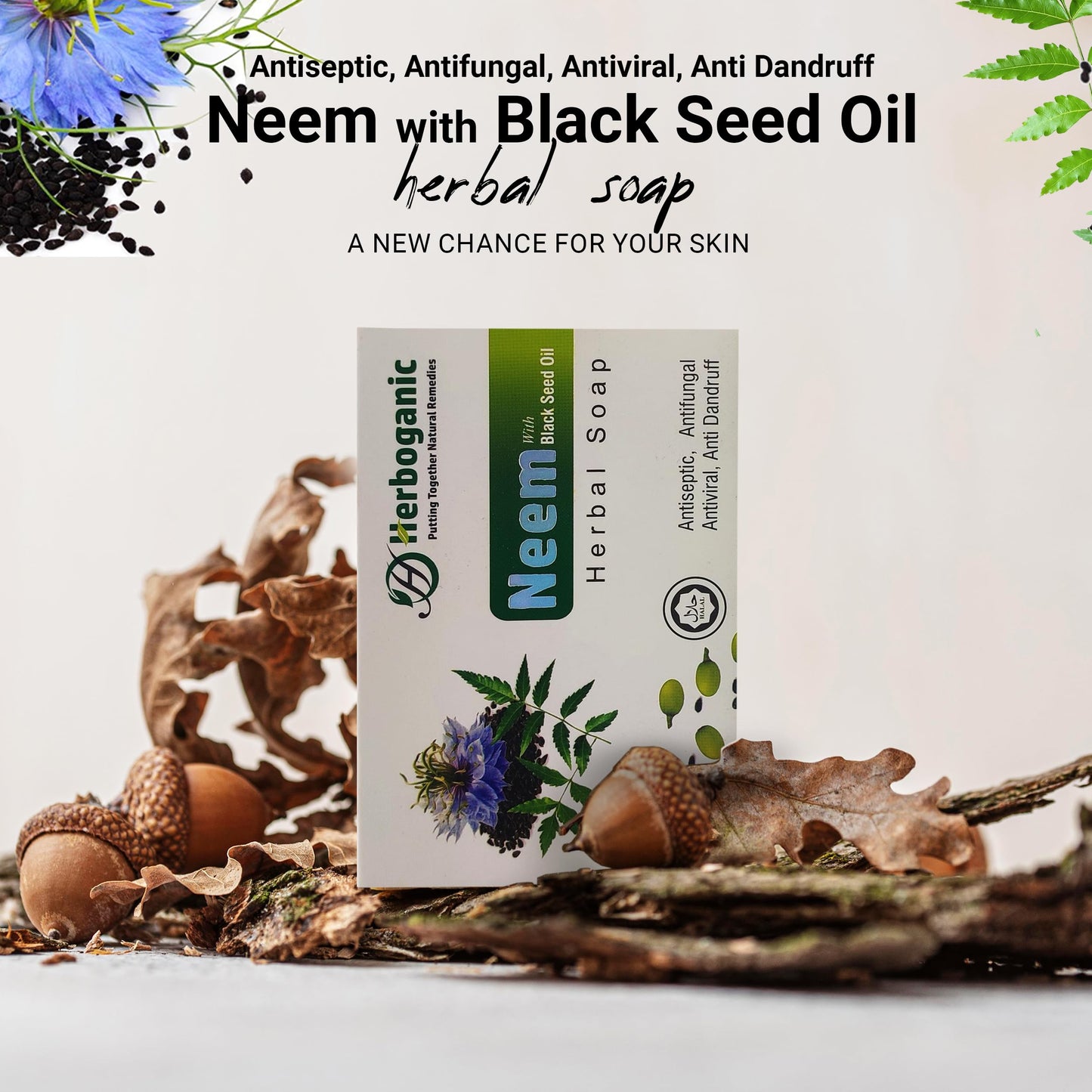 HERBOGANIC Neem and Black seed Herbal Soap | Pack of 3 of 5oz soap Bar | Natural Bar Soap for Face and Body | Hydrating and Nourishing | Suitable for Men and Women