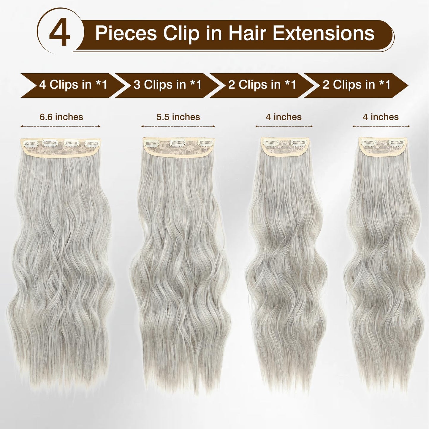 Clip In Hair Extensions Long Wavy Hair Extensions 4PCS Grey Clip Ins for Women Soft and Natural Gray Synthetic Hairpieces