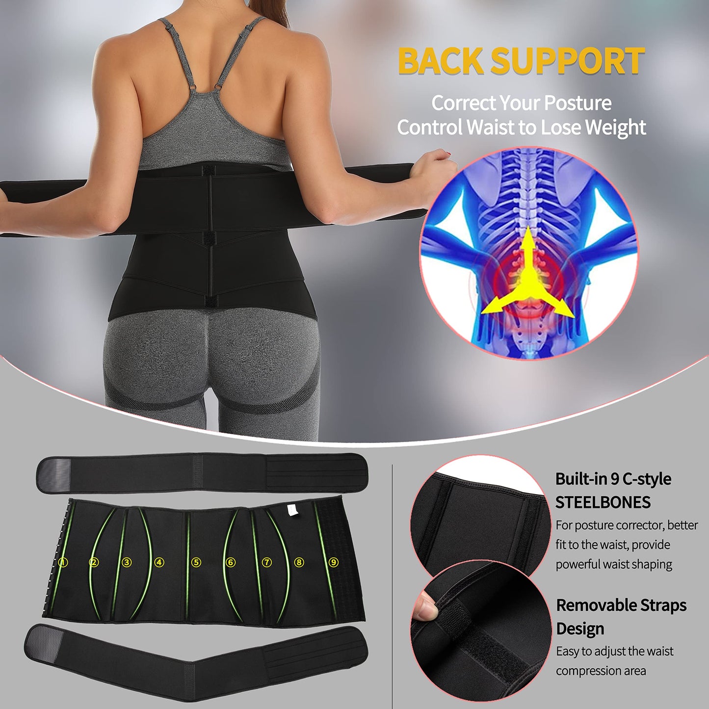 KIWI RATA Neoprene Sauna Waist Trainer Corset Sweat Belt with 2 Straps for Women C-bones Compression Workout Fitness Double Trimmer Belts,#3 Hooks Black,Large
