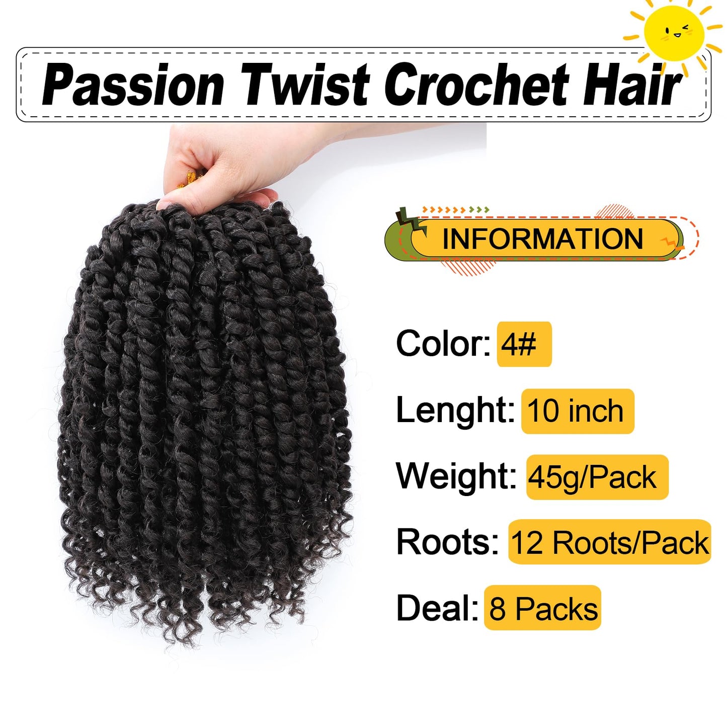 Passion Twist Hair 10 Inch 8 Packs, Pre Twisted Passion Twist Crochet Hair For Black Women, Pre Looped Passion Twist Curly Crochet Hair, Short Crochet Passion Twist Hair (10 Inch (Pack of 8), 4#)