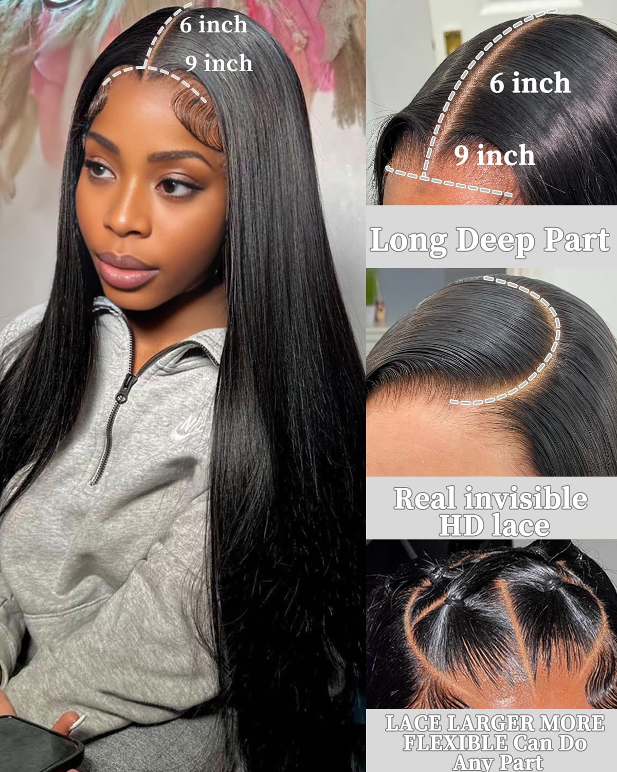 GUDOZO Glueless Wigs Human Hair For Black Women 16 Inch 9x6 HD Lace Front Wigs Human Hair Frontal Wigs Human Hair Glueless Wigs Human Hair Pre Plucked Pre Cut Straight 200 Density