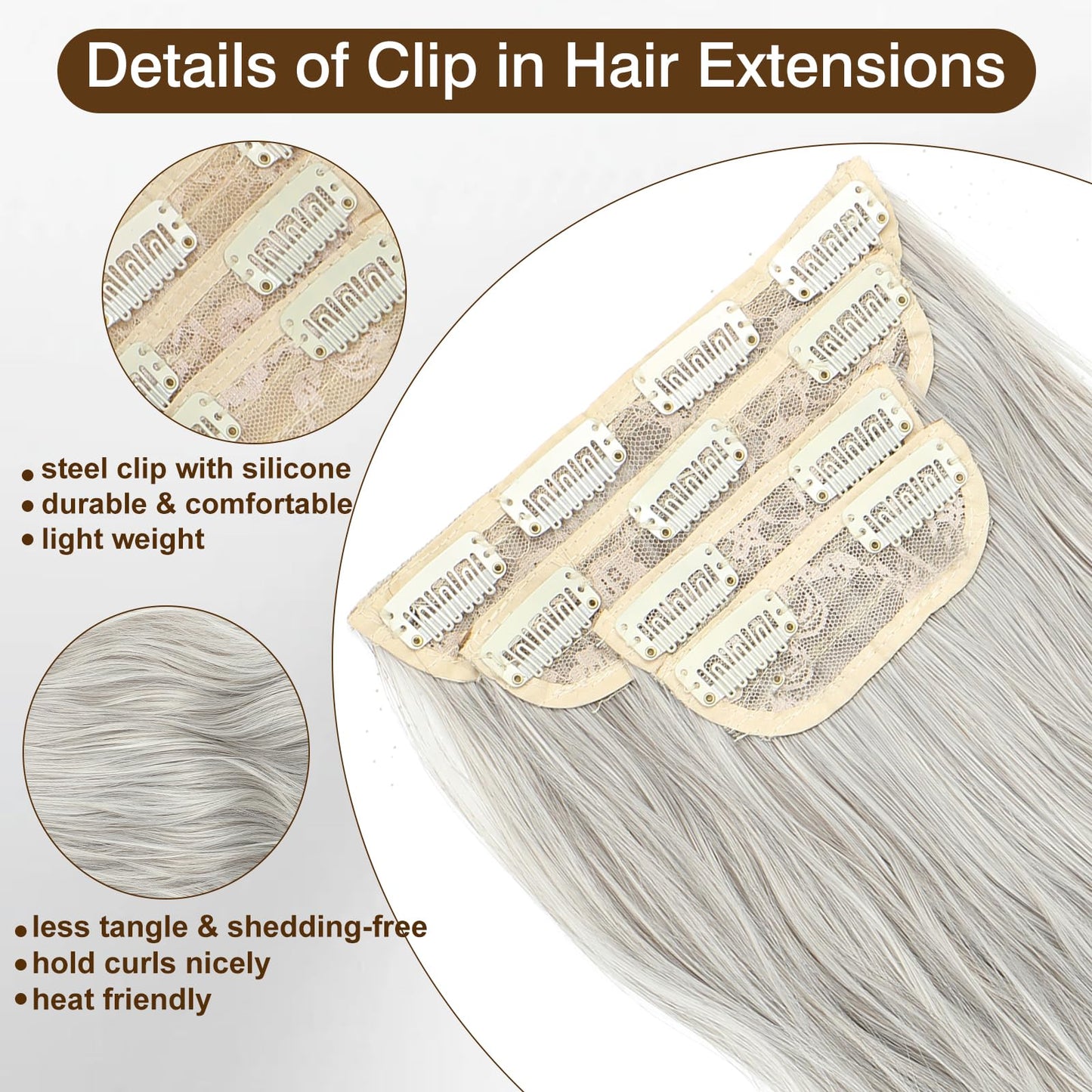 Clip In Hair Extensions Long Wavy Hair Extensions 4PCS Grey Clip Ins for Women Soft and Natural Gray Synthetic Hairpieces