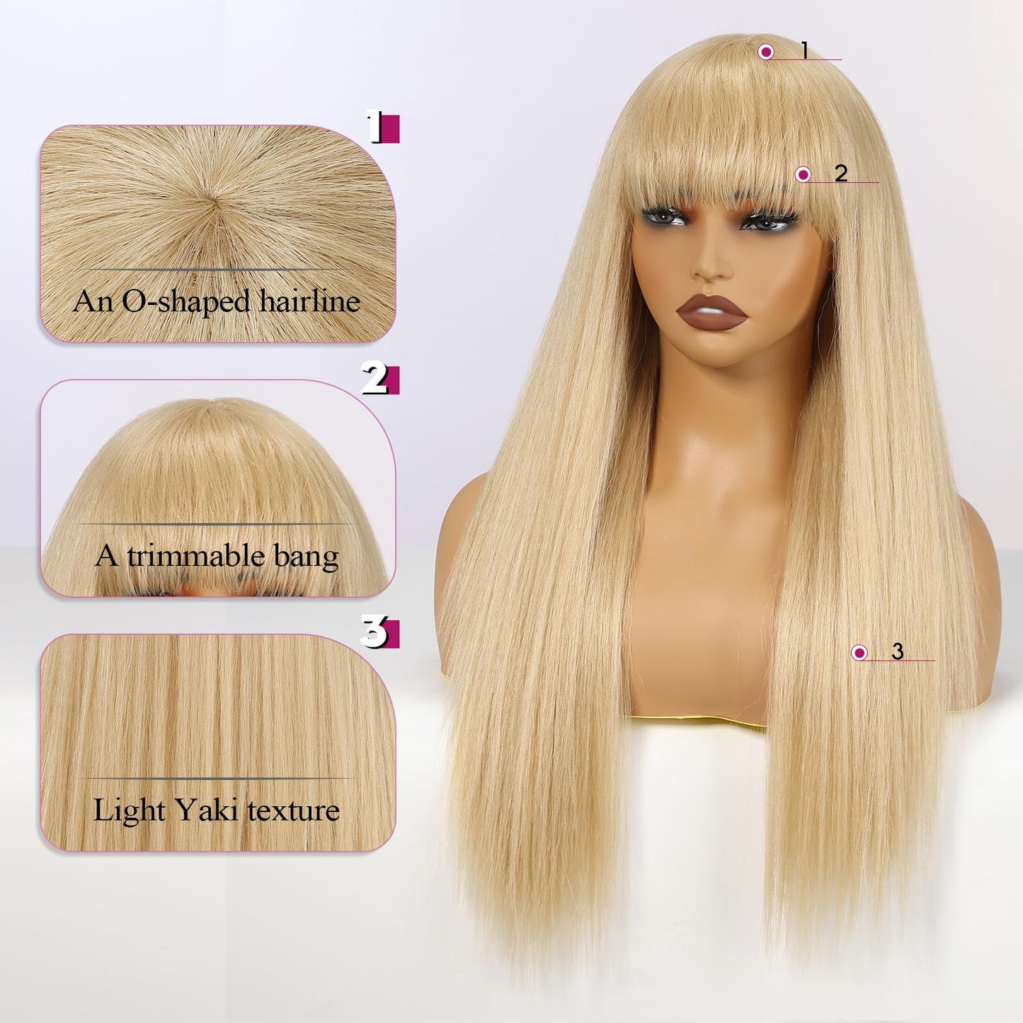 EMMOR Long Straight Yaki Wigs for Women with Bangs Comfortable Elastic Band 26 Inch Heat-resistant Synthetic Fibers(Blonde)