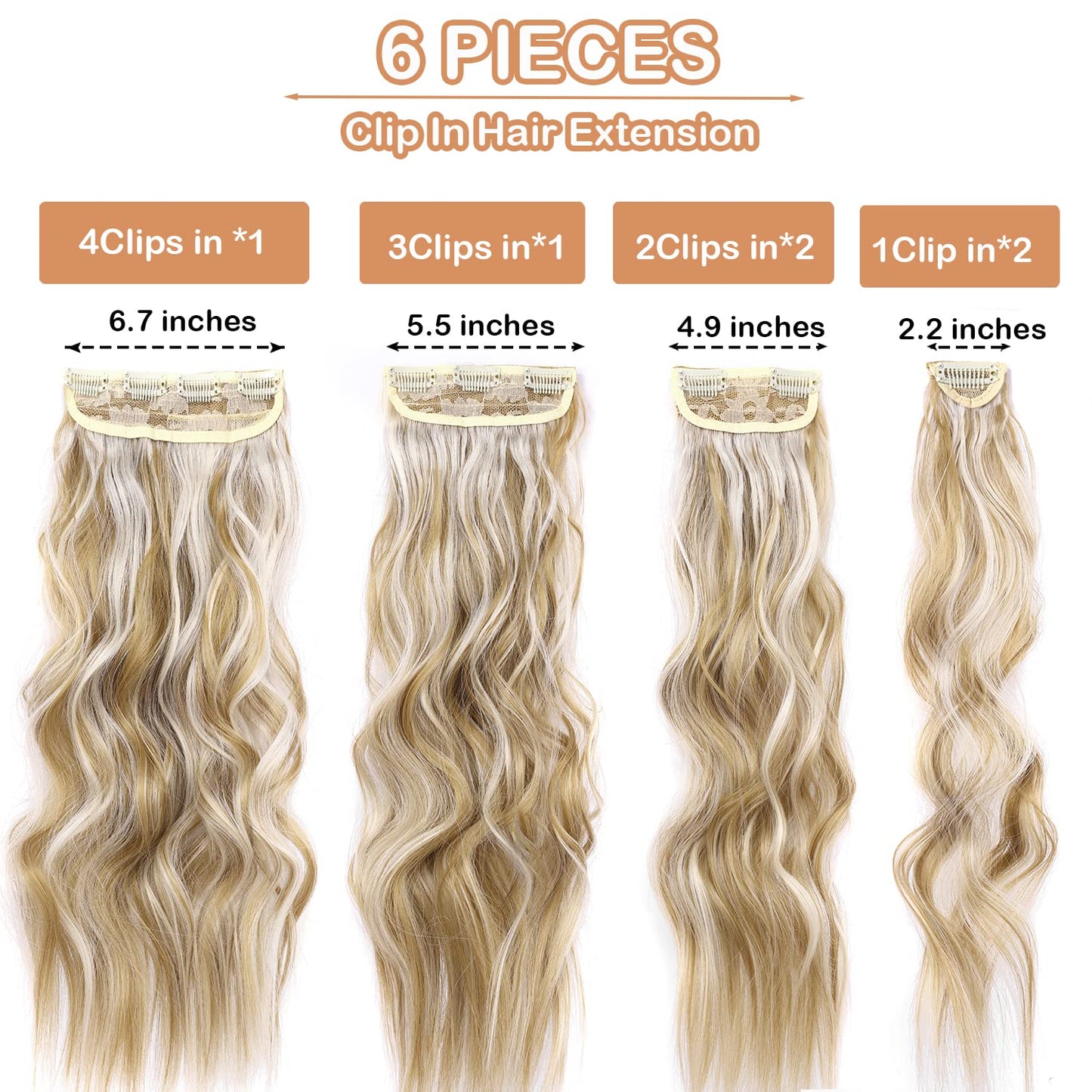 ELIO Clip in Hair Extensions, 20 Inch 6PCS Synthetic Long Thick Wavy Hair Clip Ins Extensions Double Weft Hairpieces Full Head For Women Extension 240g(8.47oz) (Golden Brown Mix Bleach Blonde)