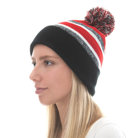 The Hat Depot Winter Soft Unisex Pom Pom Plain Knit Beanie Skully Hat (Black and Red with Pom)
