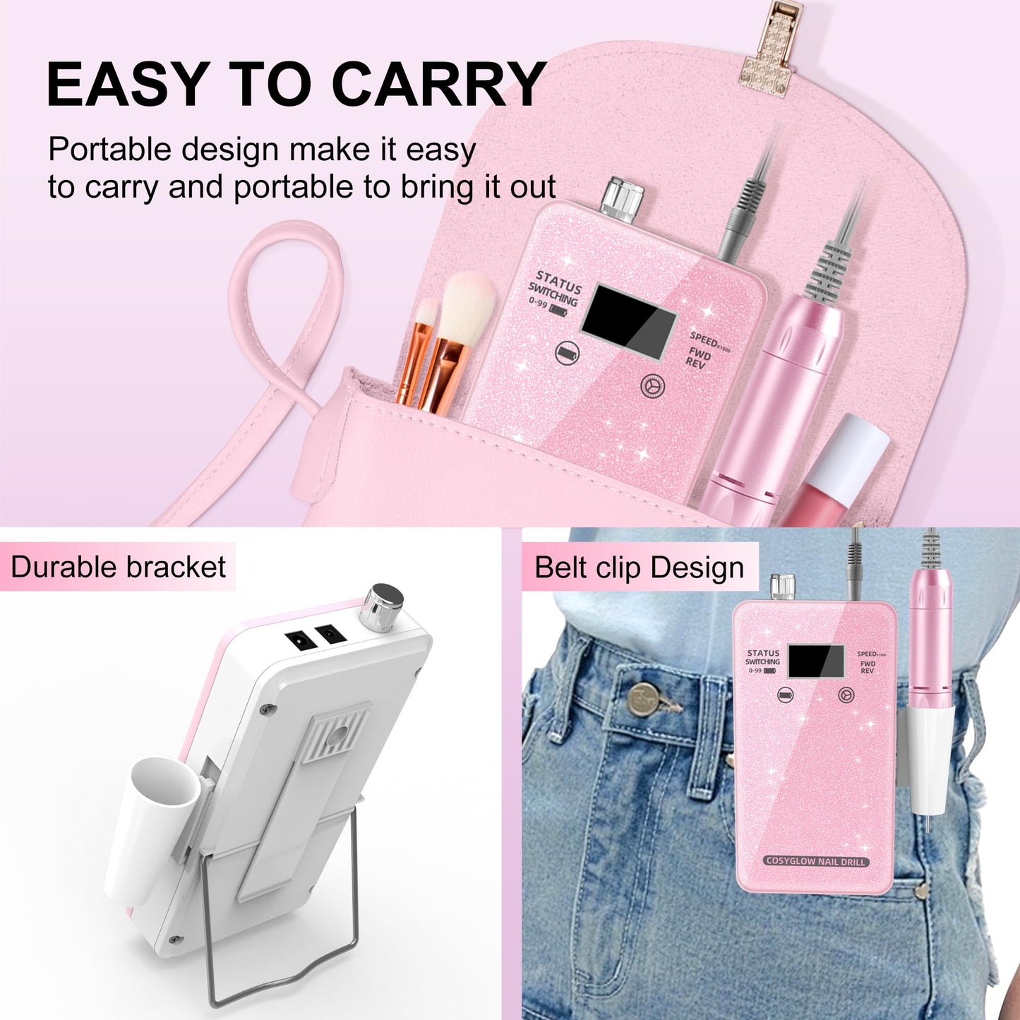 Professional Electric Nail Drill File:COSYGLOW Glitter Portable Cordless E-File Nail Drill Kit with 11 Nail Drill Bits,30000 RPM Rechargeable Nail Drill Machine for Acrylic Nails Gel Polishing(Pink)