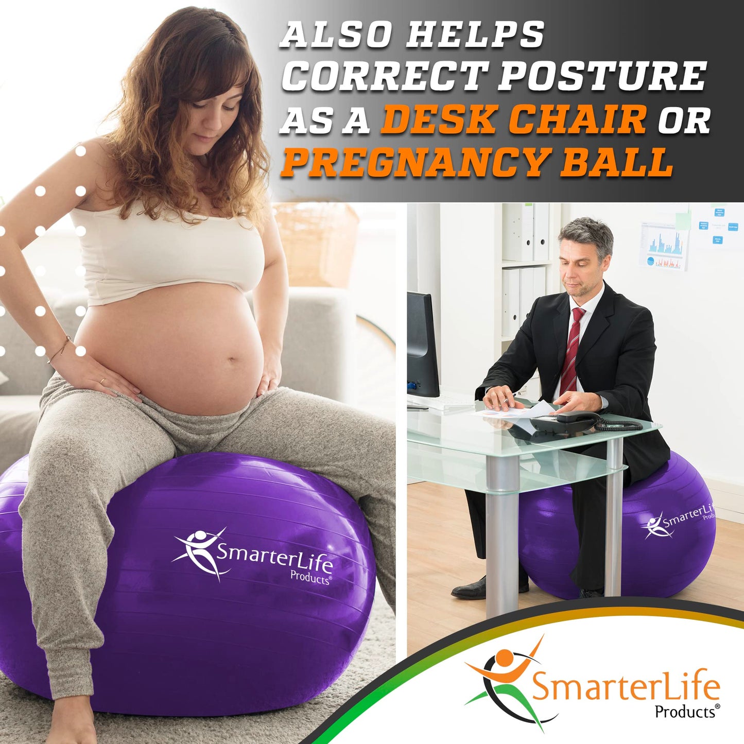 SmarterLife Workout Exercise Ball for Fitness, Yoga, Balance, Stability, or Birthing, Great as Yoga Ball Chair for Office or Exercise Gym Equipment for Home, Non-Slip Design (45 cm, Purple)