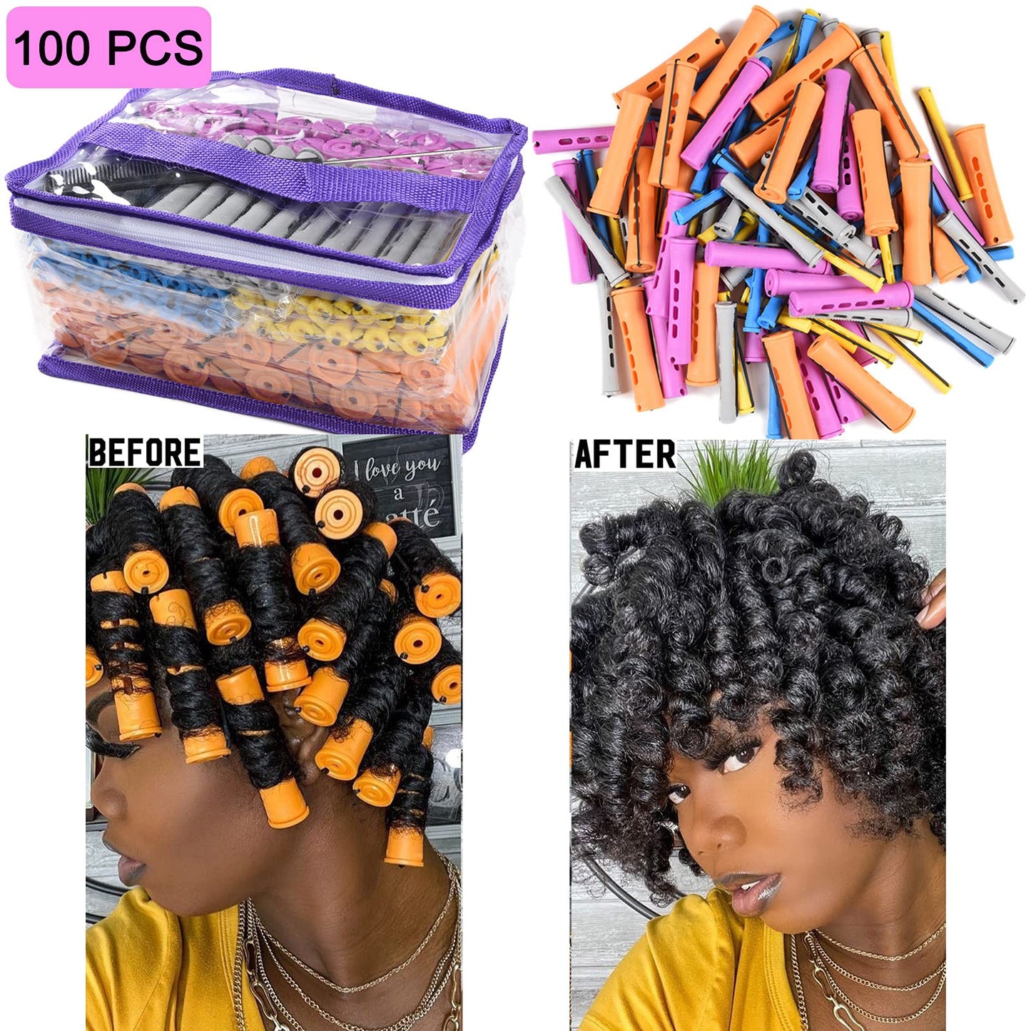 100pcs Perm Rods Set - 5 Sizes Cold Wave Rollers for Natural Curling, Styling and Hairdressing (Orange, Purple, Gray, Blue, Yellow)