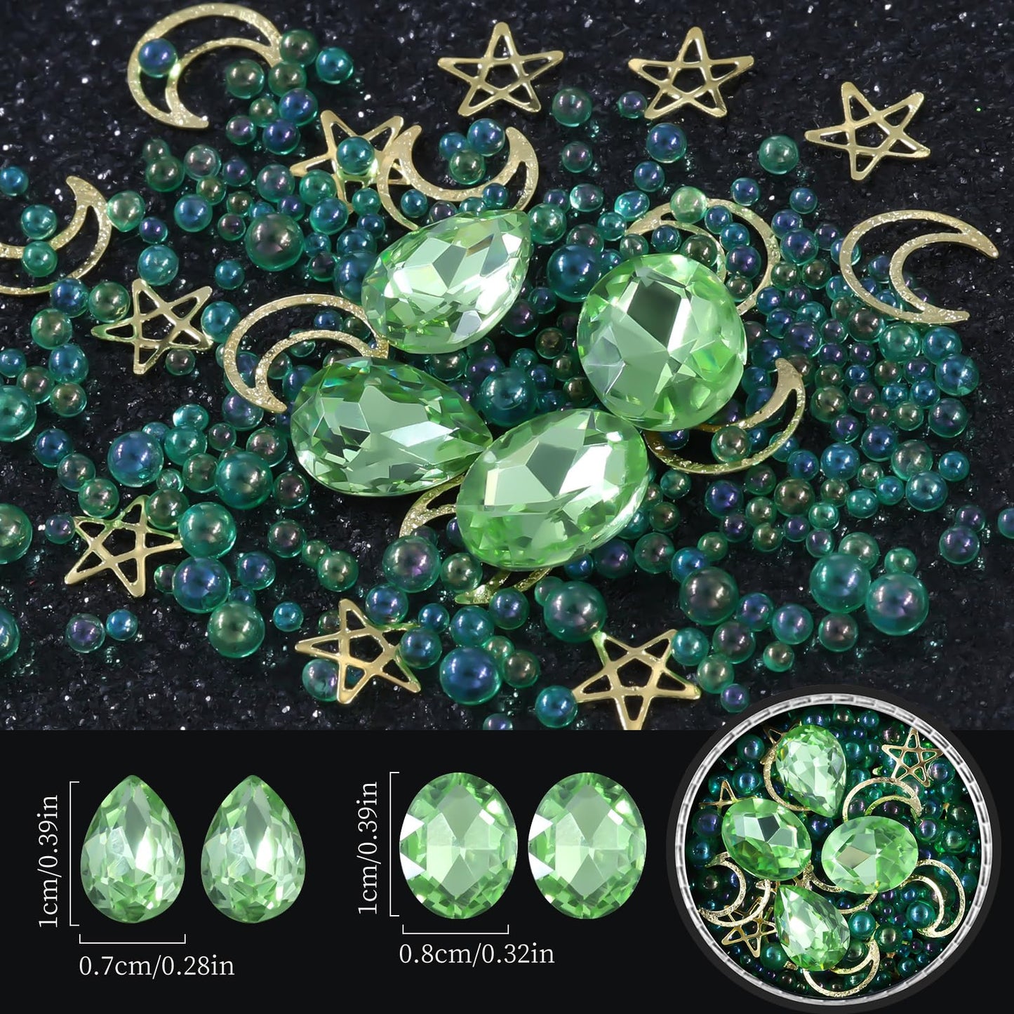 6 Wheels Mixed Sparkle Nail Art Rhinestones Diamonds Crystals Butterfly Beads Artificial Pearls Gold Silver Nail Studs Gems Metal Hollow Rivets Charms (Grass Green)
