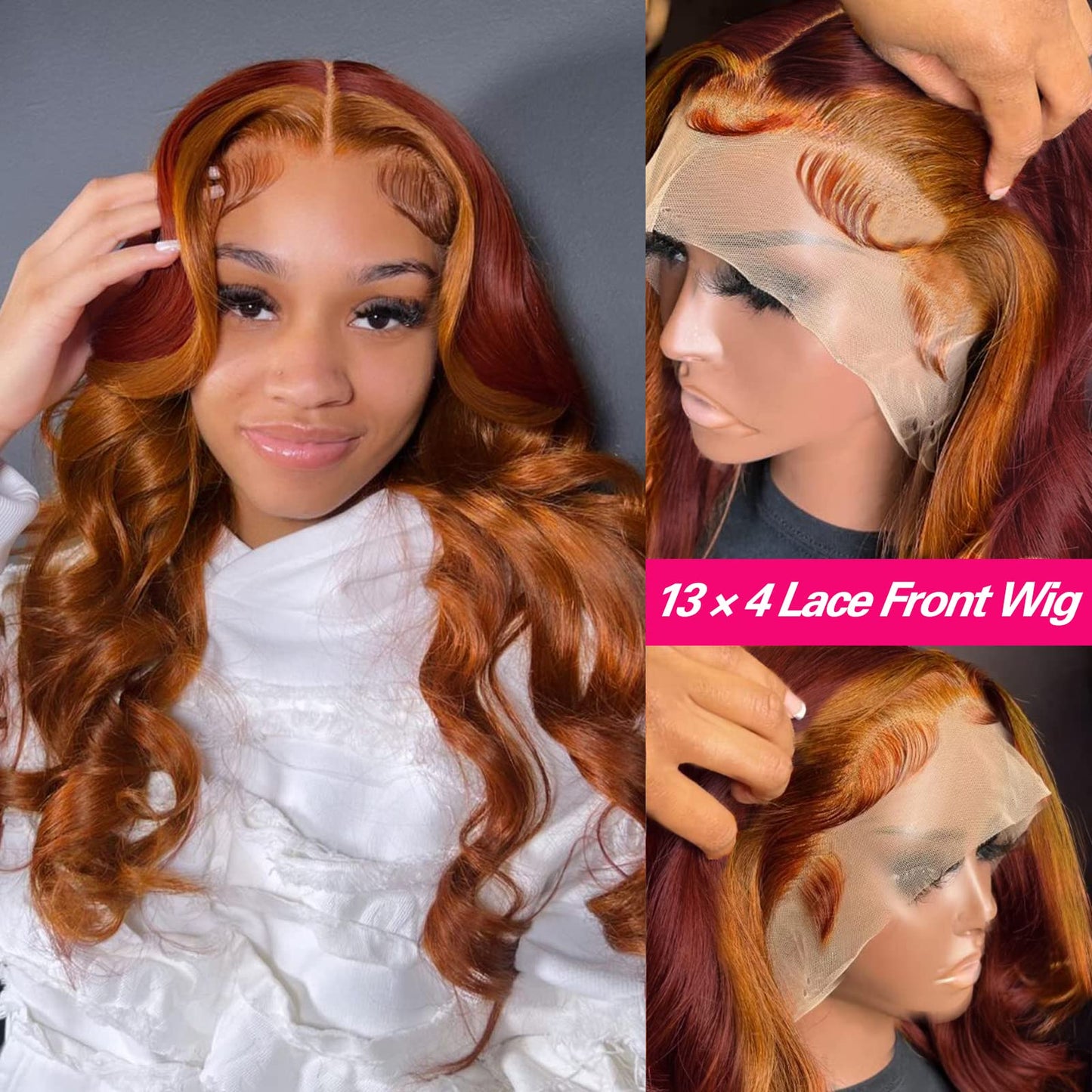 haha Red Orange Ombre Lace Front Wig Human Hair Ginger Red Highlight Lace Front Wig 13x4 Body Wave Lace Frontal Wigs Colored Pre Plucked Brazilian Remy Hair Skunk Stripe Wig 18 Inch 150% Density