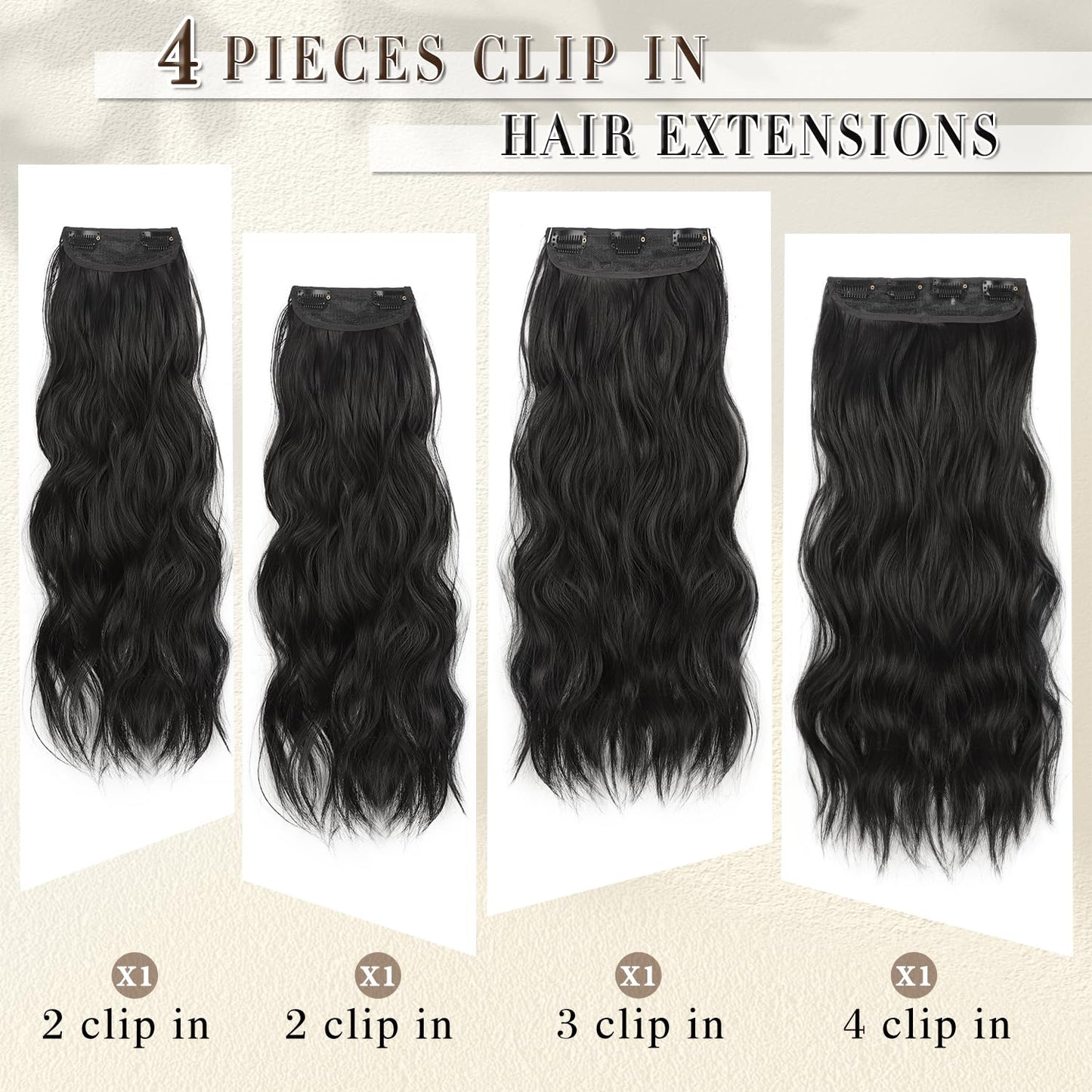 FREEMEIGE Clip in Synthetic Hair Extensions - Long Wavy 4PCS Thick Hairpieces Fiber Double Weft Natural Hair Extensions - 20 Inch for Women
