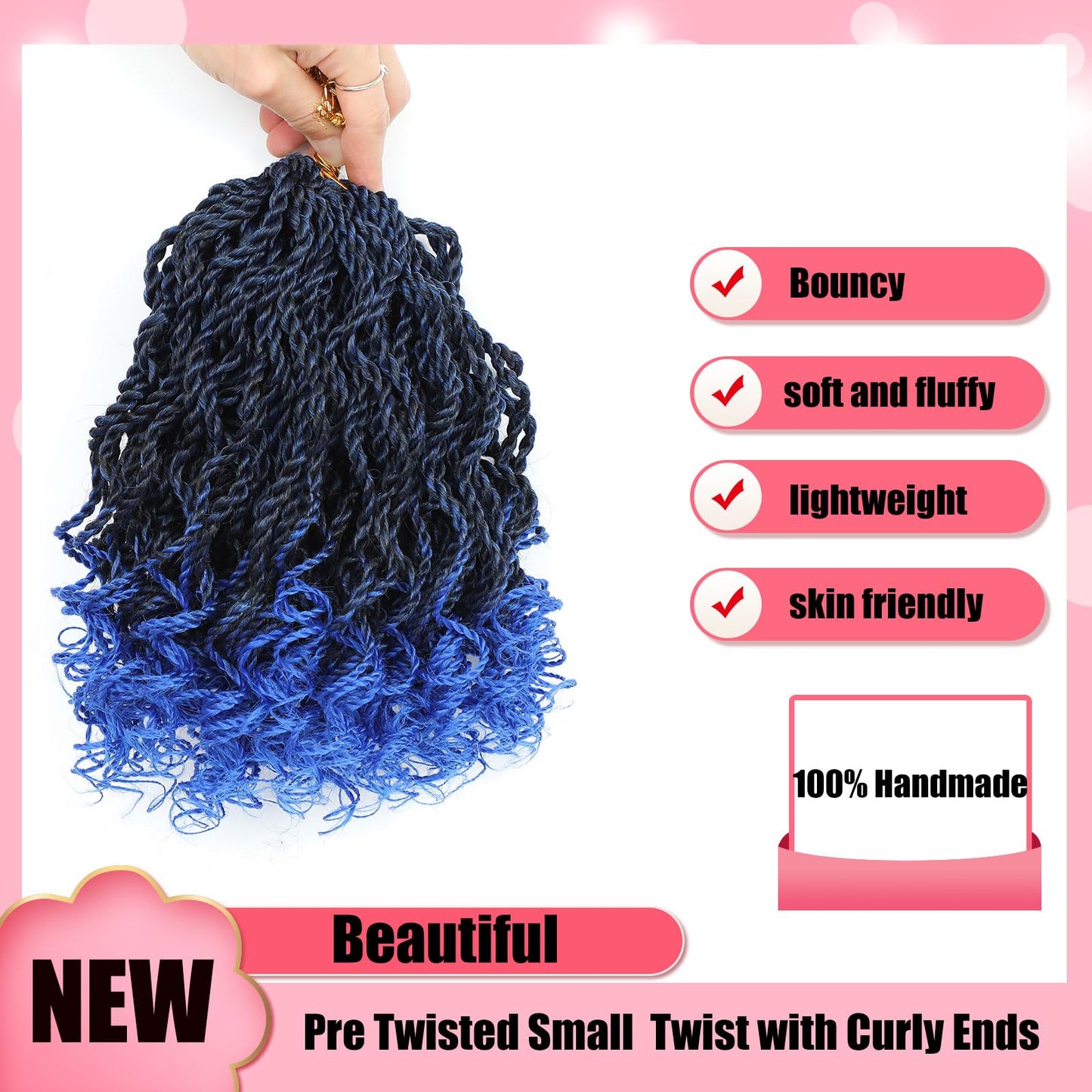 Wavy Senegalese Twist Crochet Hair For Black Women 8 Inch 10 Packs Senegalese Twist Braiding Hair Crochet Twists Pre Looped Twist Crochet Hair Curly Crochet Twist Hair With Curly Ends(1B/BLUE)