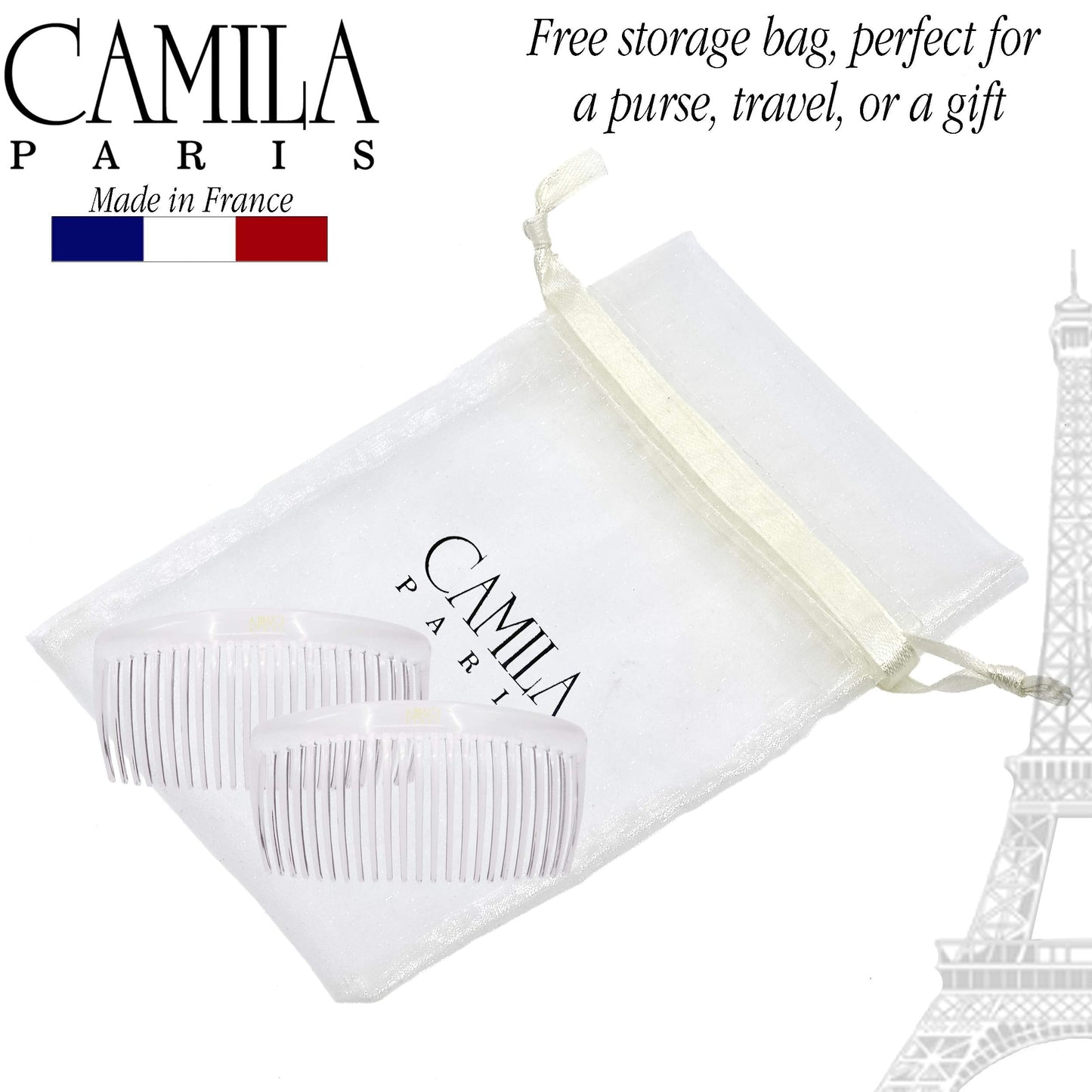 Camila Paris CP2911 French Side Combs Large Curved, Clear French Twist Hair Combs Decorative, Strong Hold Hair Clips for Women Bun Chignon Up-Do, No Slip Styling Girls Hair Accessories, Made in France