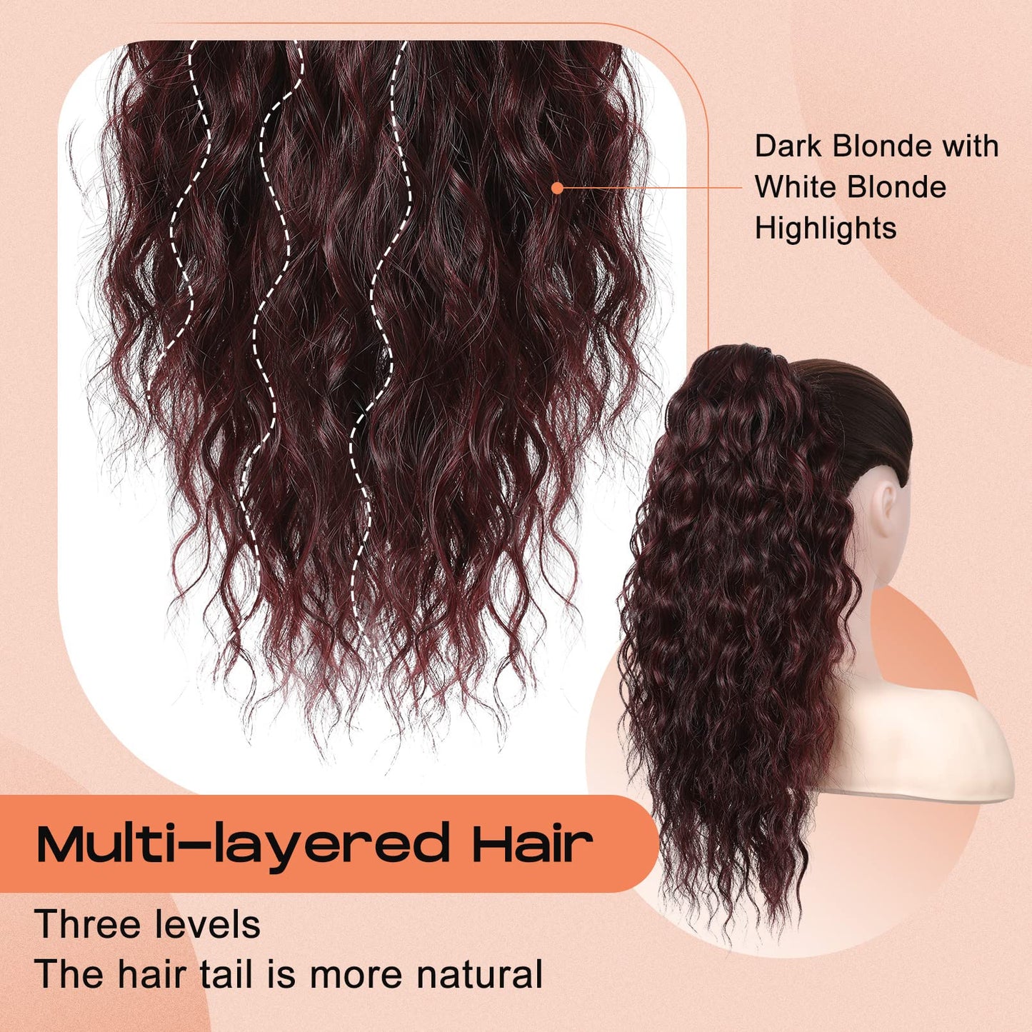 SEIKEA 18" Ponytail Extension Claw, PT002 Tia Long Multi Layered Hair FluffyThick Wavy Curly Clip in Hair Extensions Ponytail Natural Soft Synthetic Hairpiece for Women Burgundy