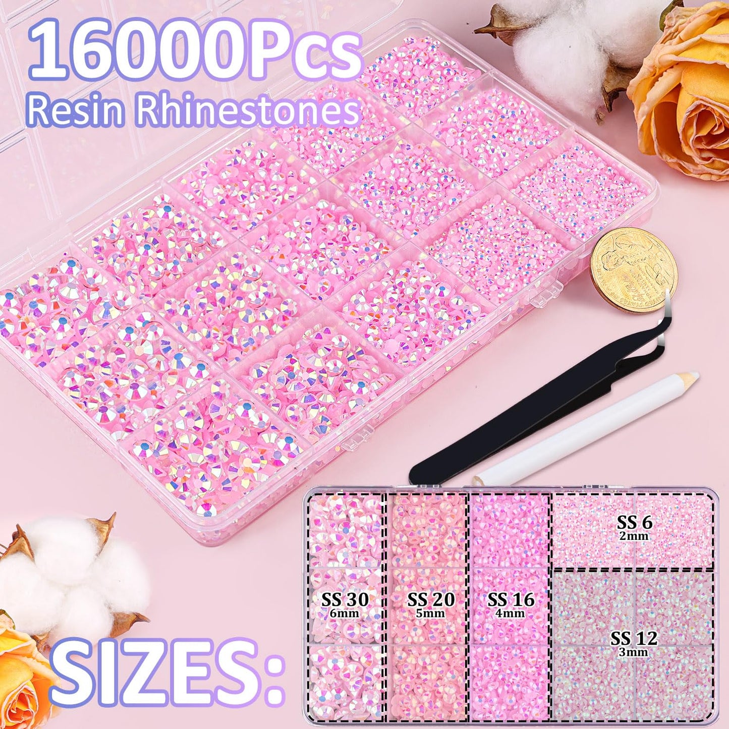 16000Pcs Resin Jelly Rhinestones with Tweezers for Crafting, Light Pink AB 2-6mm Mixed Sizes Flatback Gems, Bedazzling Crystal for DIY Crafts Clothing Tumblers Mugs Shoes Fabric Nail Art