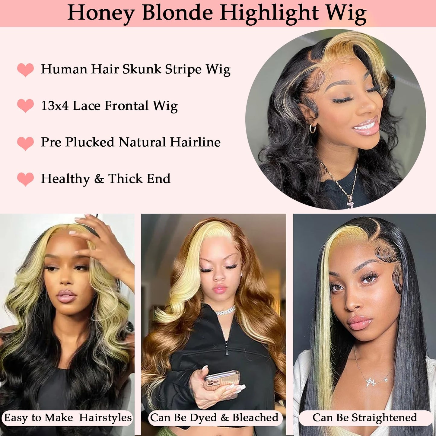 haha Honey Blonde Highlight Lace Front Wig Human Hair 1B/27 Black Light Brown Skunk Stripe Human Hair Wig Lace Front Pre Plucked 13x4 Glueless Body Wave Lace Frontal Wig 32 Inch 180% Density