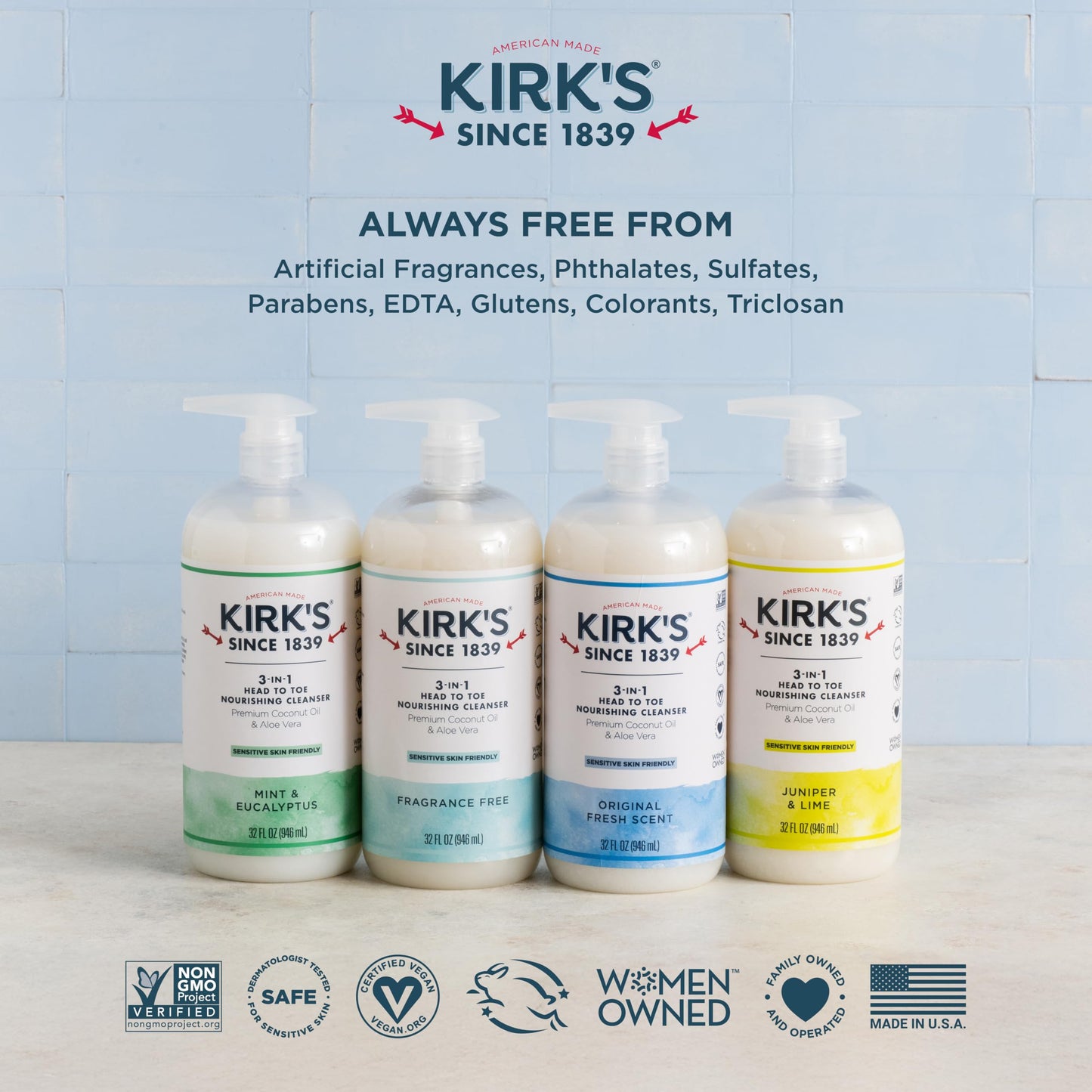 Kirk's 3-in-1 Head to Toe Nourishing Liquid Cleanser- for Men, Women & Children - Premium Coconut Oil & Aloe Vera- Non GMO & Vegan -Juniper & Lime - 32 Fl Oz 2 Pack