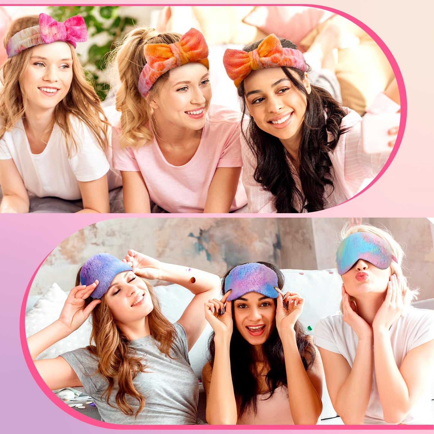Xuhal 24 Pcs Spa Party Favors for Women Soft Makeup Headband for Washing Face Sleepover Party Supplies Sleep Eye Mask Bow Hair Bands for Sleepover Shower Gifts(Tie Dye)