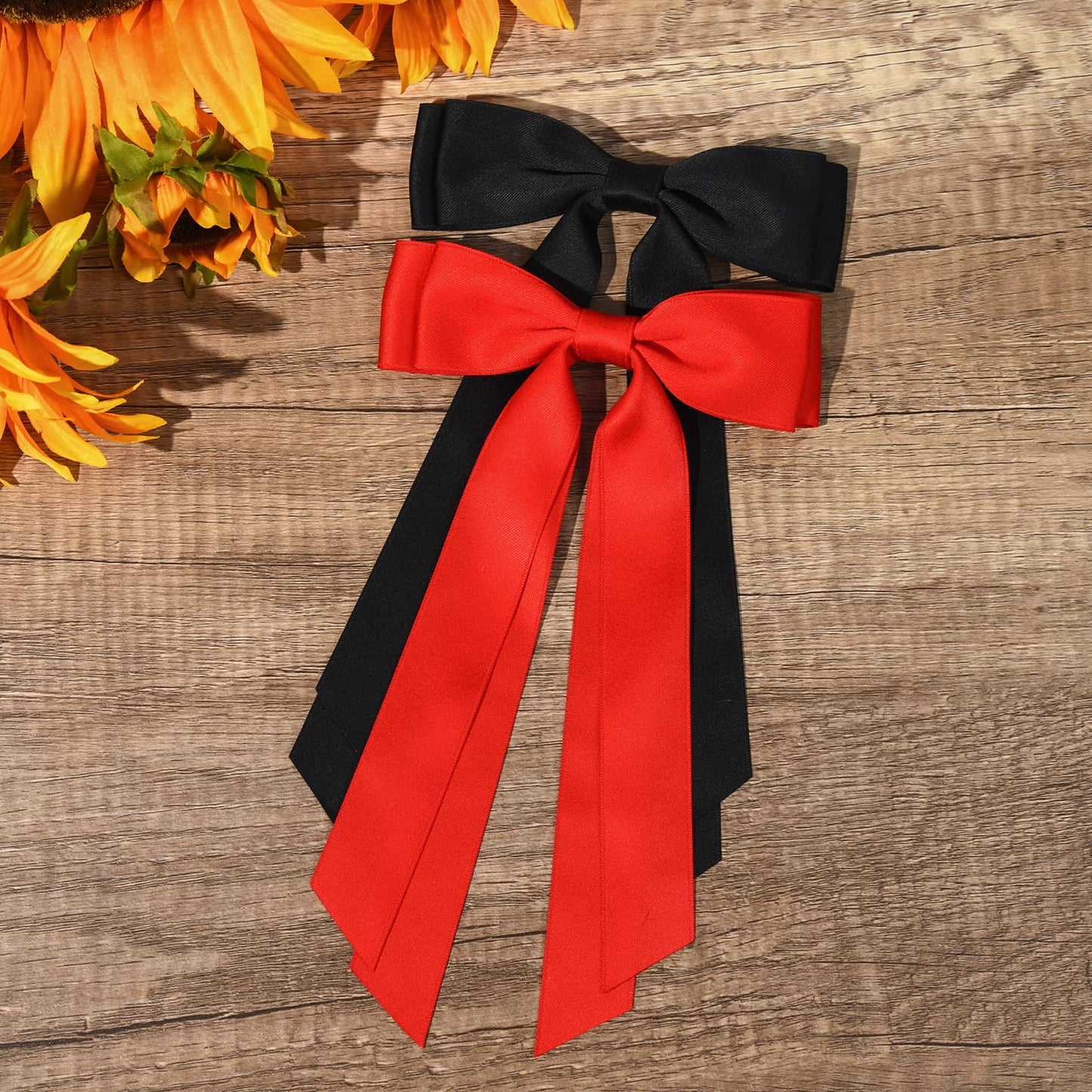 2PCS Silky Satin Hair Bows Hair Clip Black Red Hair Ribbon Ponytail Holder Accessories Slides Metal Clips Hair Bow for Women Girls Toddlers Teens Kids