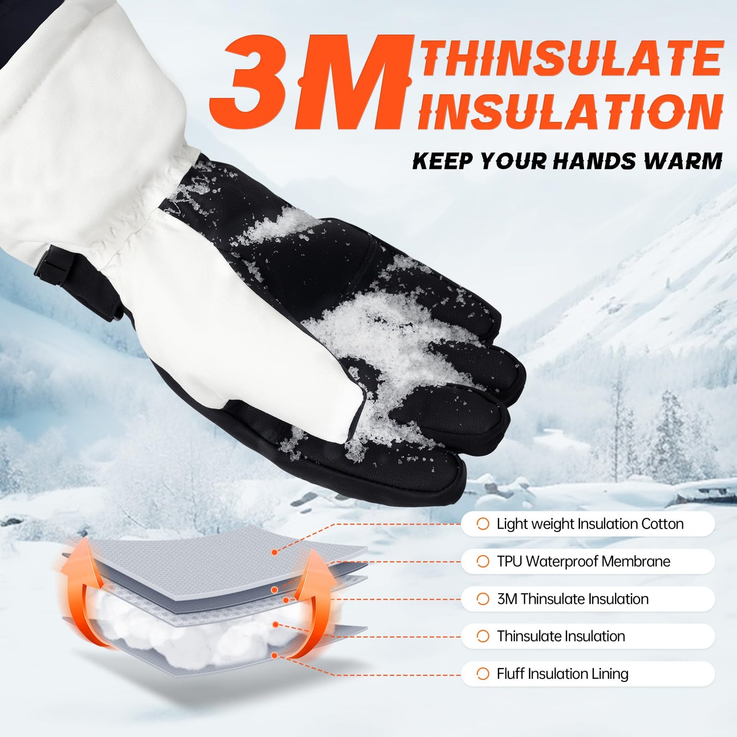 ThxToms Ski Gloves, Waterproof Winter Gloves for Men Women, 3M Thinsulate Warm Gloves, Unisex Touchscreen Snowboarding Gloves, Medium, White