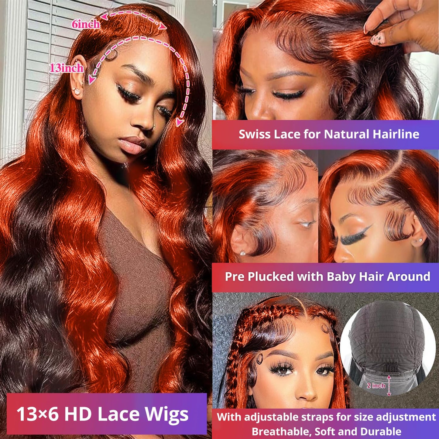 200% Density 13X6 Ginger Lace Front Wigs Human Hair Pre Plucked for Women Ombre 13X6 HD Transparent Ginger Orange Lace Front Wigs Human Hair Glueless Ginger Colored Lace Front Wigs Human Hair (26Inch)