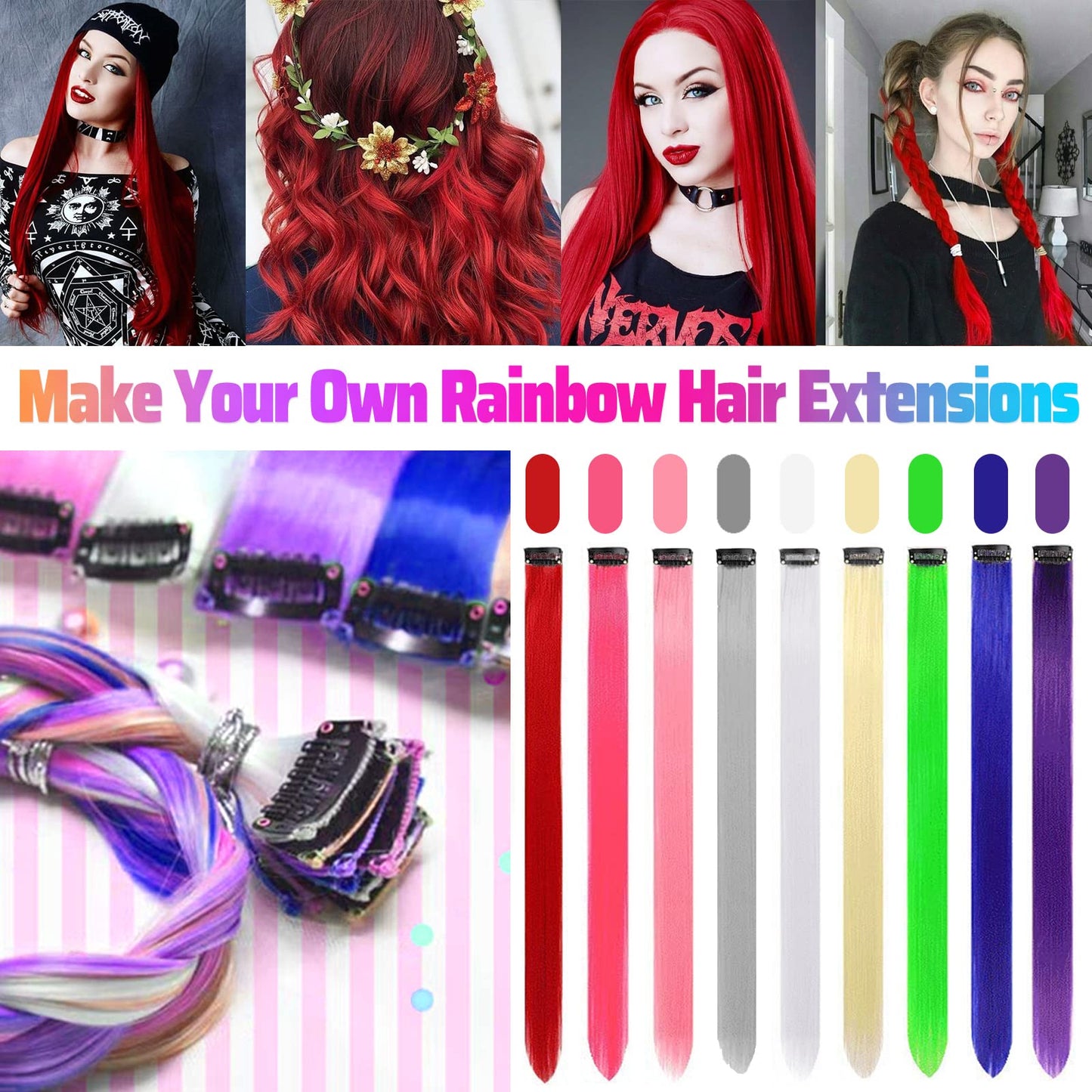 12 PCS Red Hair Extensions Clip in, Colored Party Highlights Extension for Kids Girls Synthetic Hairpiece Straight 22 inch