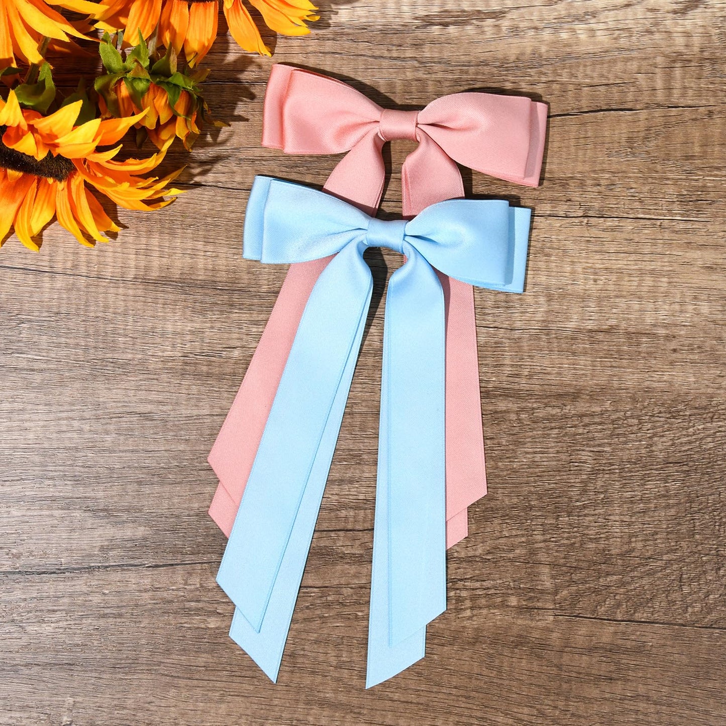 2PCS Silky Satin Hair Bows Hair Clip Pink Blue Hair Ribbon Ponytail Holder Accessories Slides Metal Clips Hair Bow for Women Girls Toddlers Teens Kids