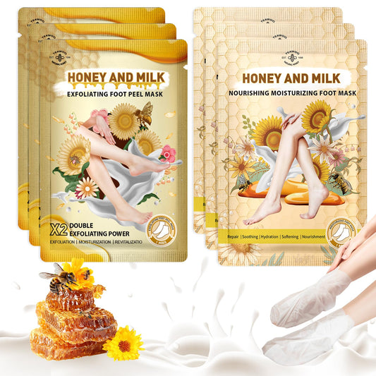 6 Pack Foot Peel Mask Set: 3 Effective Exfoliating Foot Masks for Intensive Callus & Dead Skin Removal + 3 Deep Moisturizing Foot Masks to Treat Dry, Cracked Feet, Milk & Honey Infused