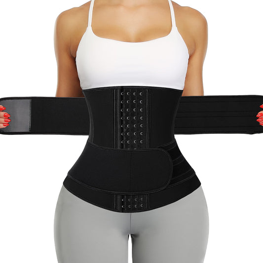 KIWI RATA Neoprene Sauna Waist Trainer Corset Sweat Belt with 2 Straps for Women C-bones Compression Workout Fitness Double Trimmer Belts,#3 Hooks Black,Large