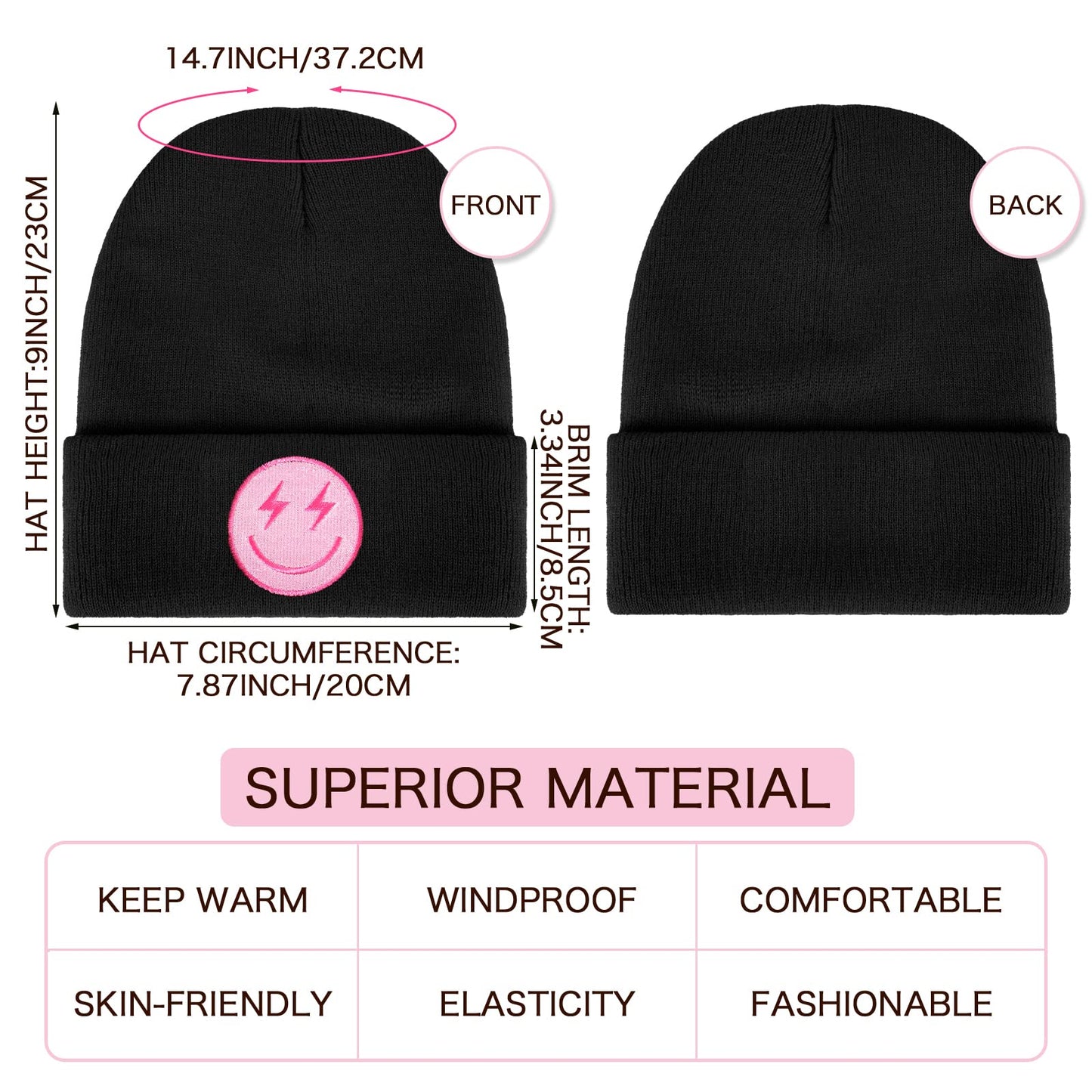 2 Pcs Preppy Beanie Hats Knit Beanie Hat Winter Cute Embroidered Hats for Women(Black, White,Smile Face)
