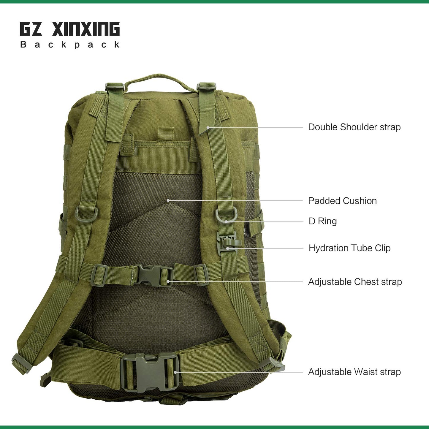 GZ XINXING 3 Day Large Assault Pack Military Tactical Army Molle Rucksack Backpack Bug Out Bag Hiking Daypack (GREEN)