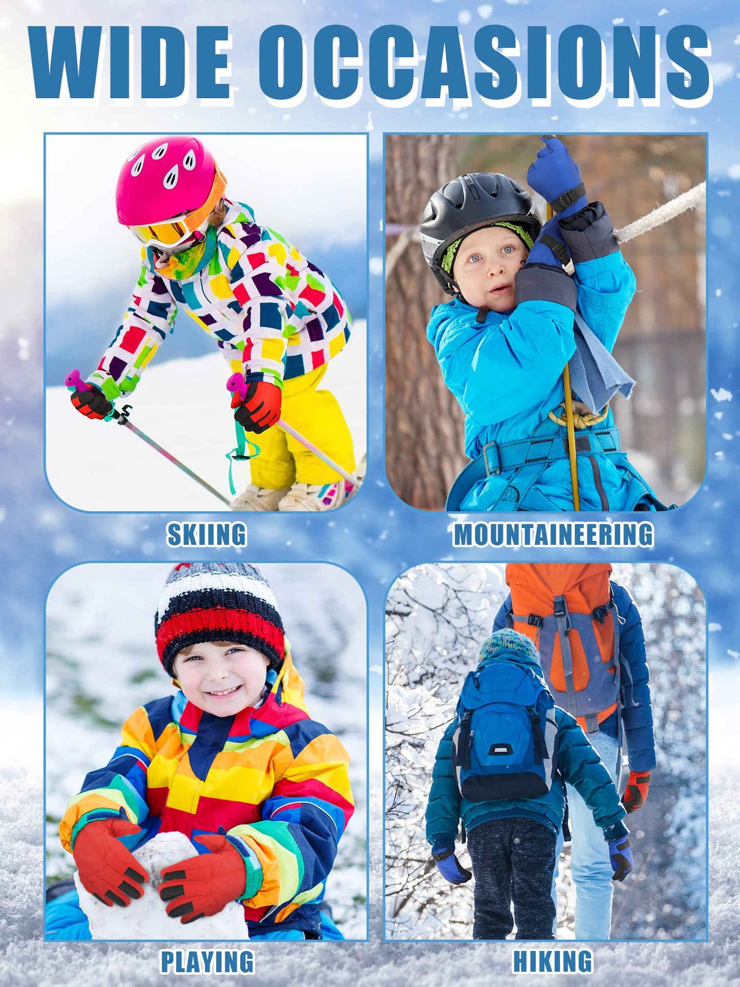 Eurzom 2 Pairs Kids Winter Gloves Waterproof Ski Gloves Windproof Warm Unisex Ski Gloves Warm Snow Gloves with Hook and Loop(Red, Blue, for 6-13 Years)
