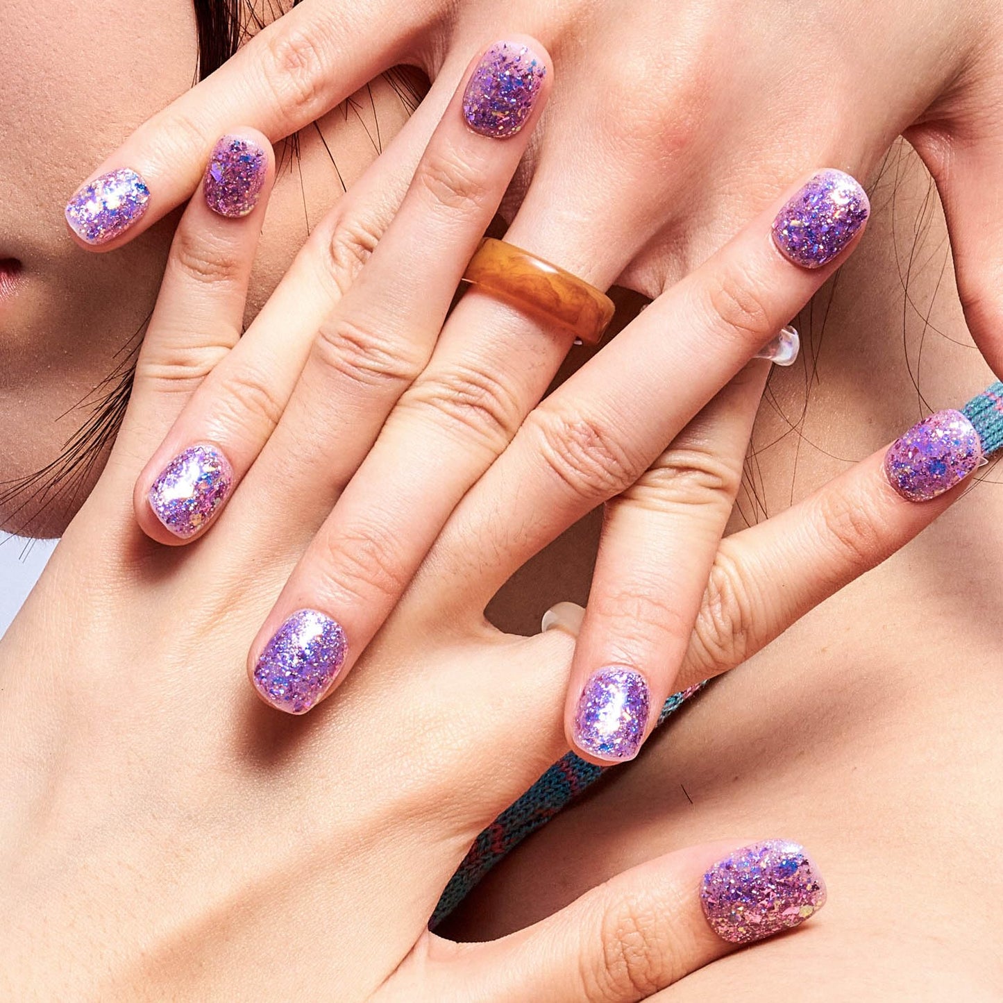 GLAMERMAID Extra Short Press on Nails, Glitter Purple Fake Nails Short Squoval, Natural Round Square Glue on Nails Glossy Gel, Acrylic False Nail Kits for Women, Reusable Stick on Full Cover Nails