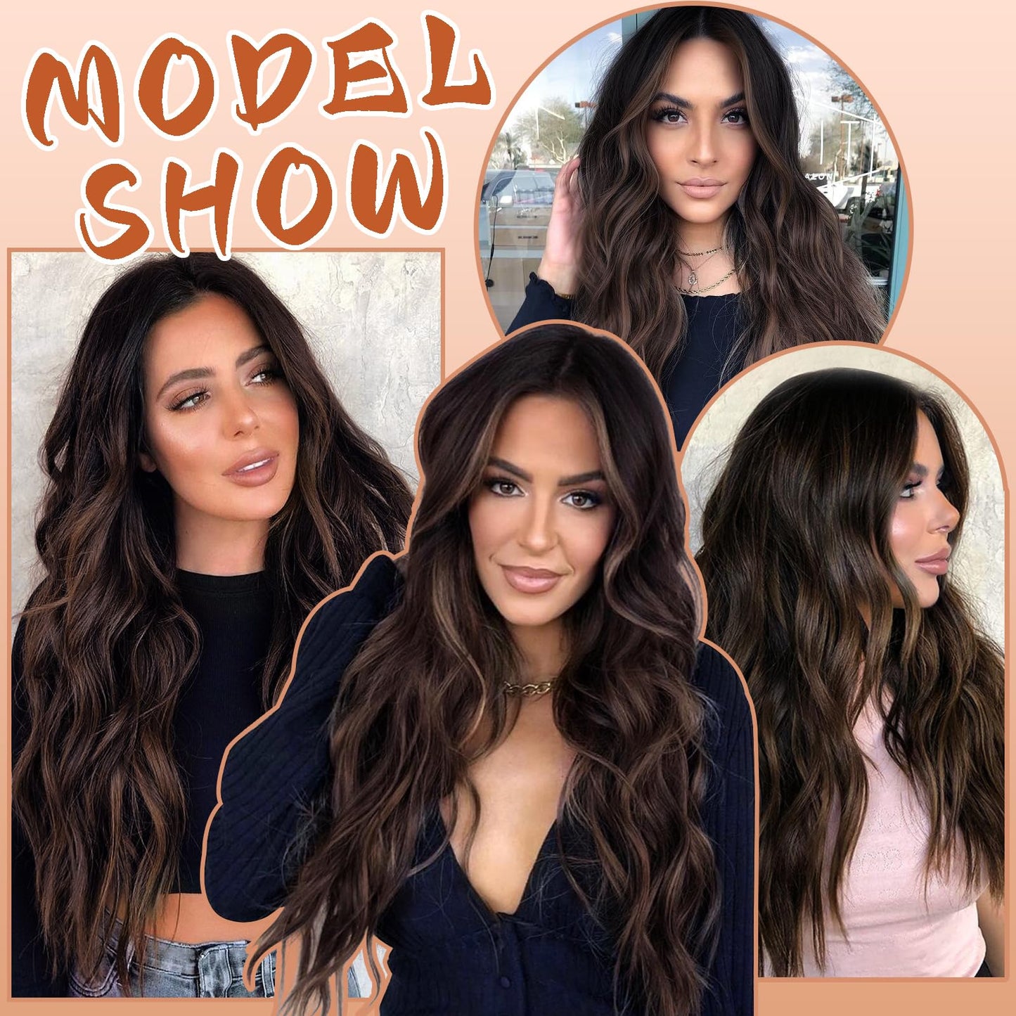 xccoco Brown Highlight Wig Long Wavy Wigs for Women Natural Wavy Curly Synthetic Lace Front Wig Middle Part 26inch Heat Resistant Fiber Wig for Daily Party Use