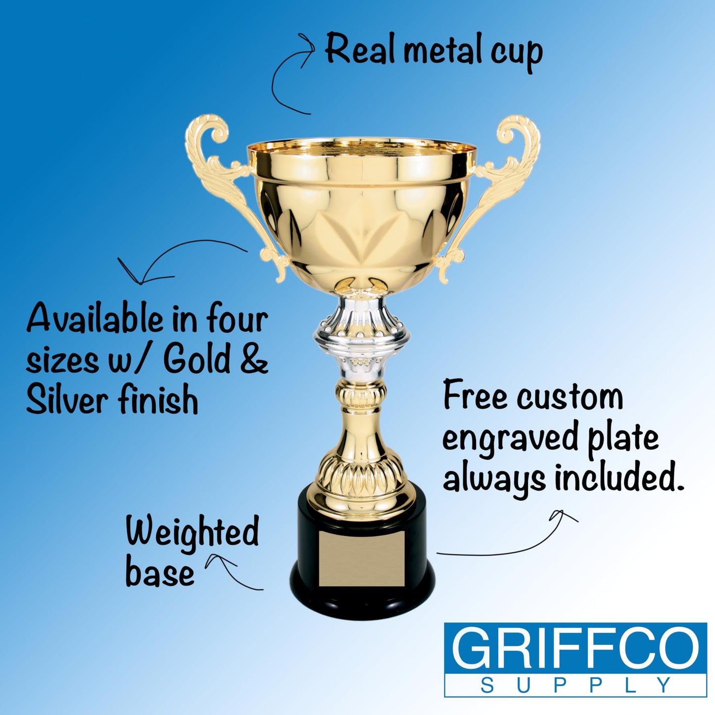 Griffco Supply Metal Cup Trophy in Gold or Silver - Trophy Award, Engraved Corporate Trophy Cup Award (10", 11.5", 13" or 14.5" Tall) - Free Engraved Plate Included (Gold, 8.75" X-Small)