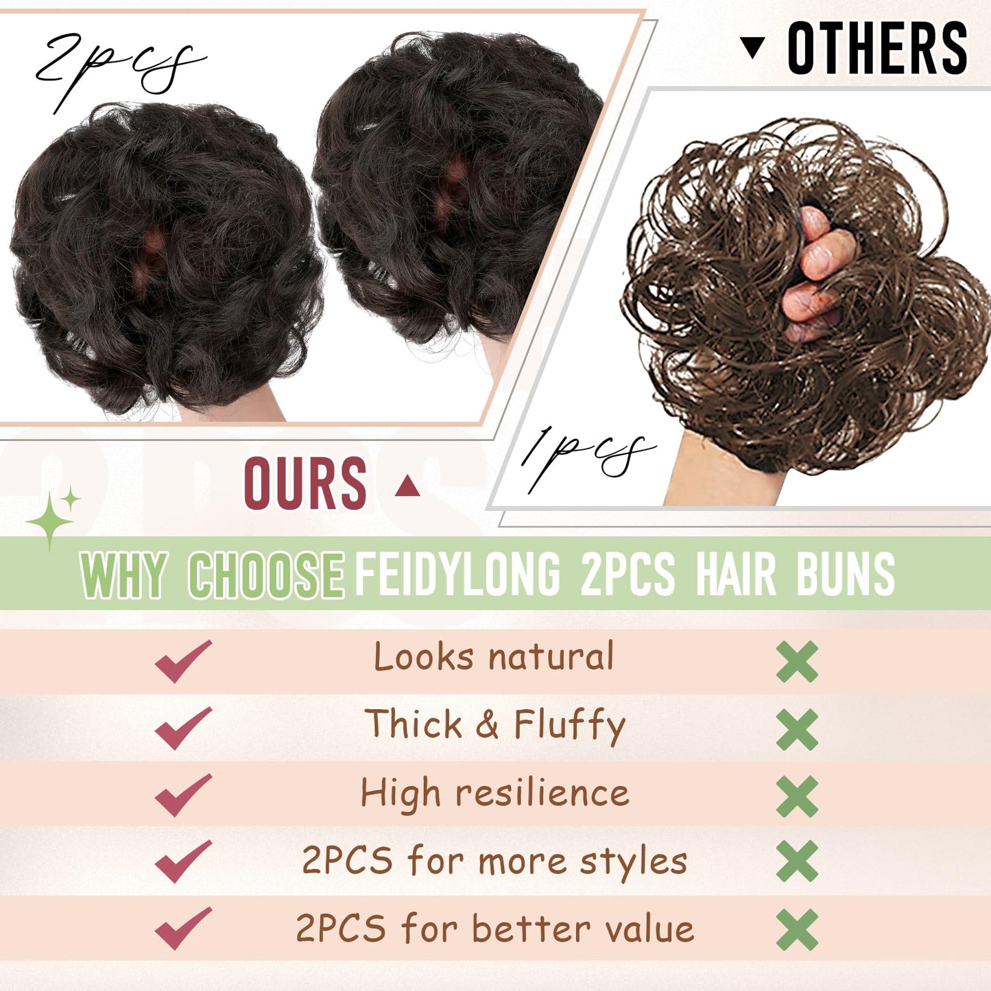 FeidyLong 2 PCS Messy Bun Hair Piece Wavy Curly Scrunchies Synthetic Chignon Ponytail Hair Extensions Thick Updo Hairpieces for Women Girls(Black Brown)
