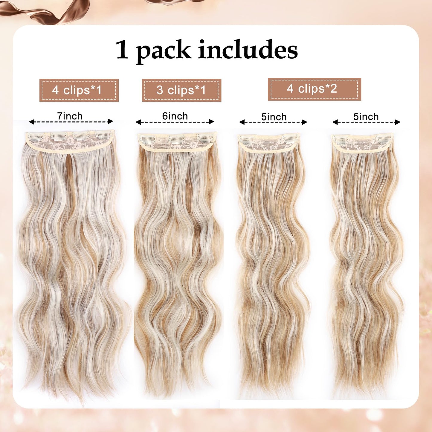 Synthetic Clip in Hair Extensions 20 Inch Caramel Brown Mixed Honey Blonde Hair Extensions for Women 4PCS Highlights Hairpieces for Women Long Wavy Hair Extensions Clip Ins (20INCH, P22/60A)
