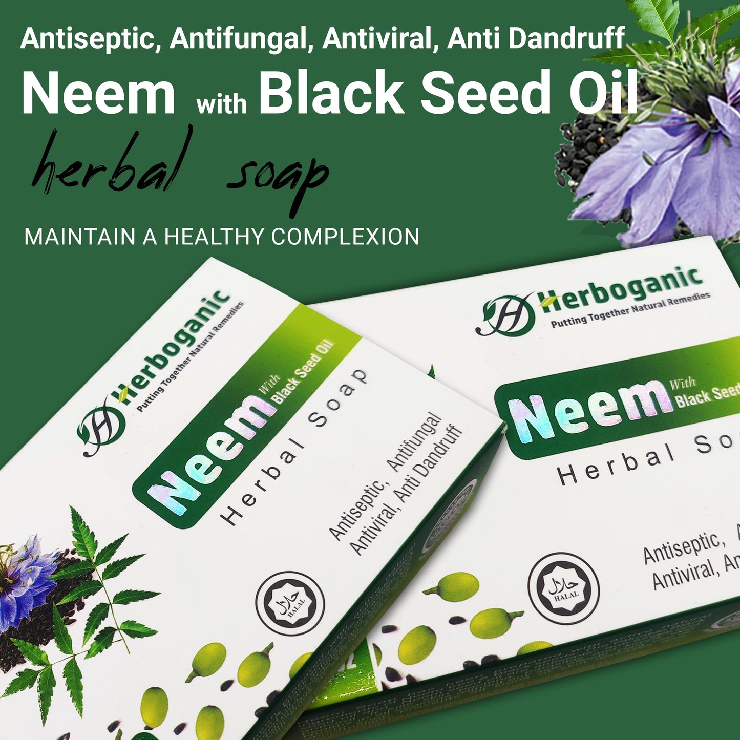 HERBOGANIC Neem and Black seed Herbal Soap | Pack of 3 of 5oz soap Bar | Natural Bar Soap for Face and Body | Hydrating and Nourishing | Suitable for Men and Women