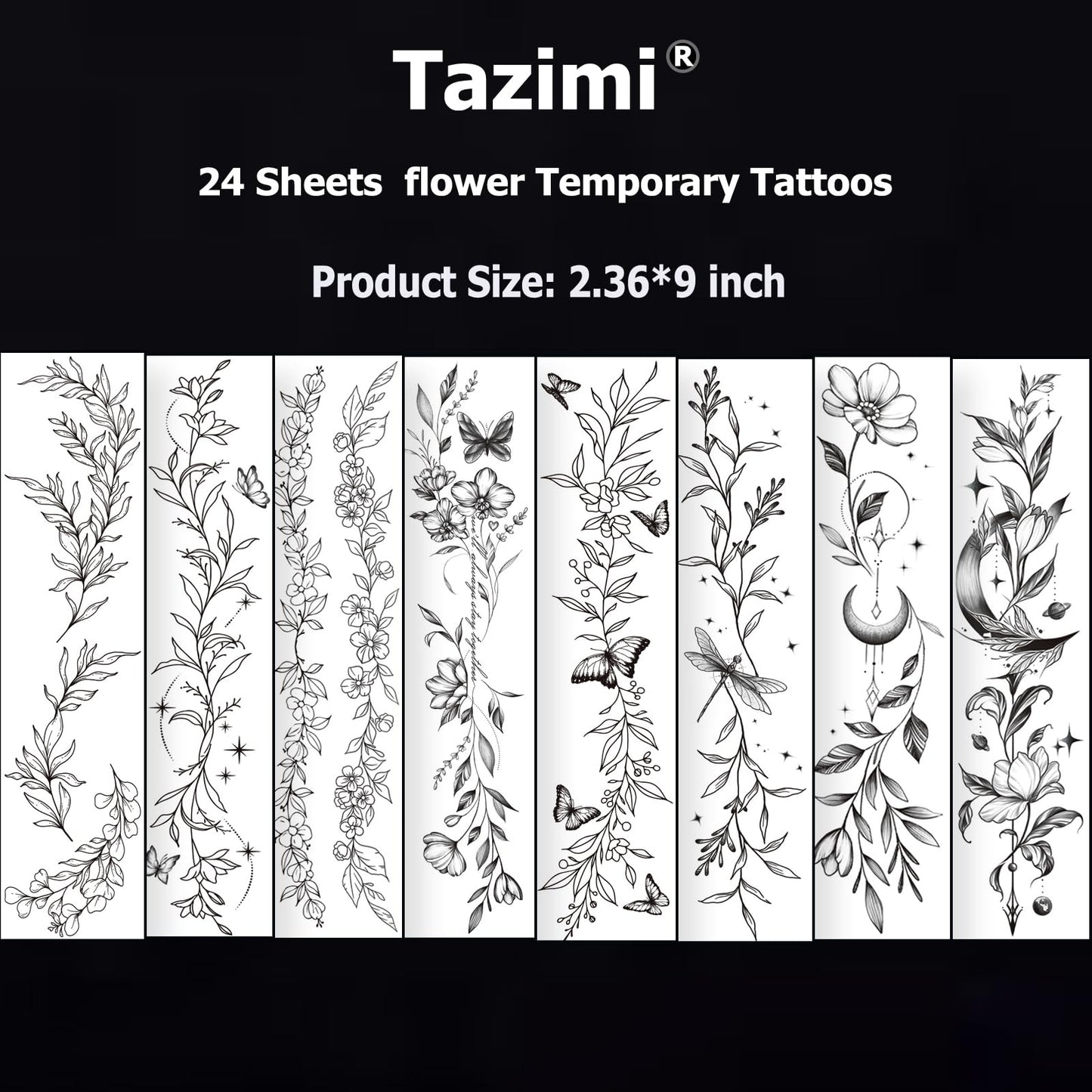 Tazimi Temporary Tattoos For Women Girls-24 Sheets Branch Flower Leaf Wild Plants Sketch Realistic Long-lasting Tattoo Stickers Waterproof Tattoo Sets for Arm Collarbone Leg Backbone Body Art