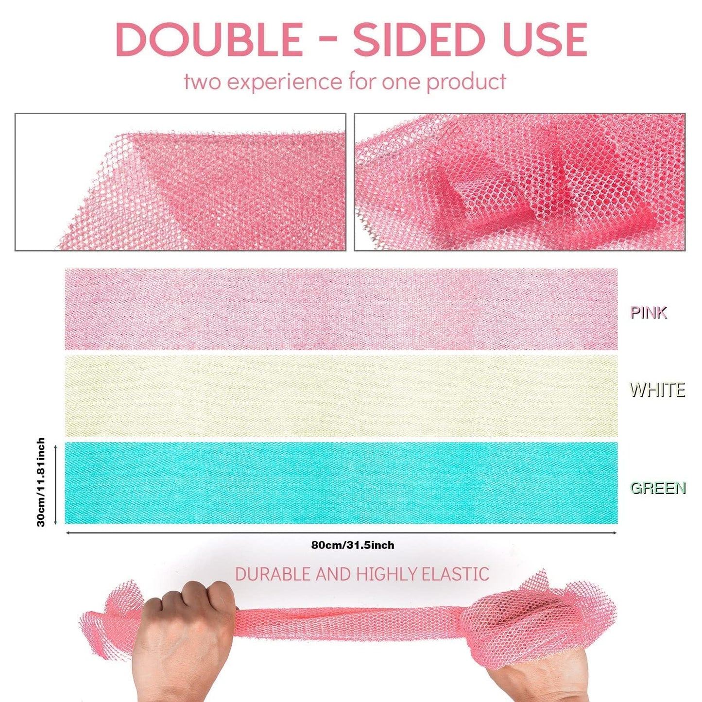 3 Pieces African Net Sponge, African exfoliating net African Net Long Net Bath Sponge Exfoliating Shower Body Scrubber Back Scrubber Skin Smoother（Pink, Green, Off-White）