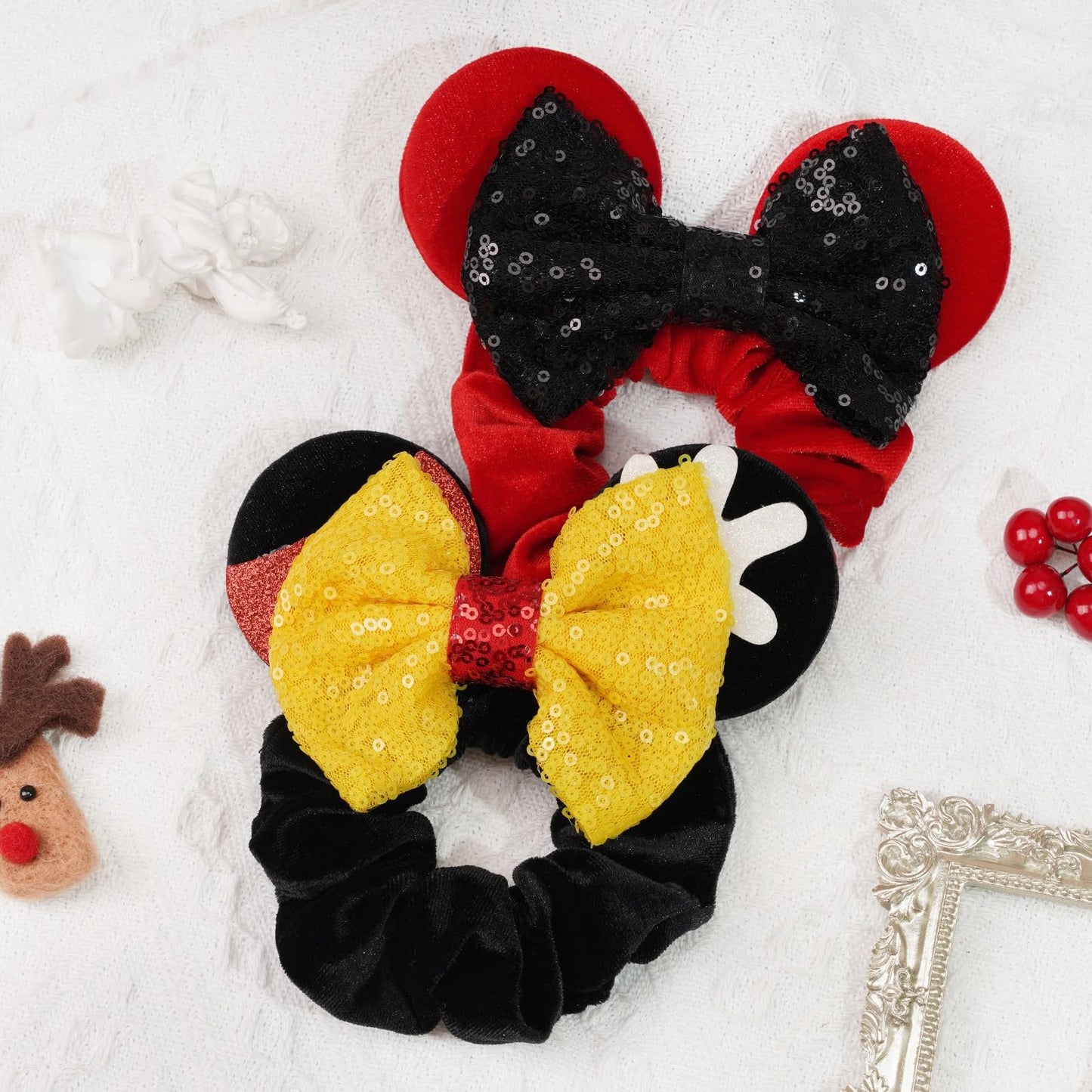6 Pack Mouse Ears Scrunchies Velvet Scrunchies Sparkle Sequin Mouse Bows Hair Scrunchies Hair Ties Elastic Rubber Bands Ponytail Holders for Kids Women Girls Christmas Party Decoration