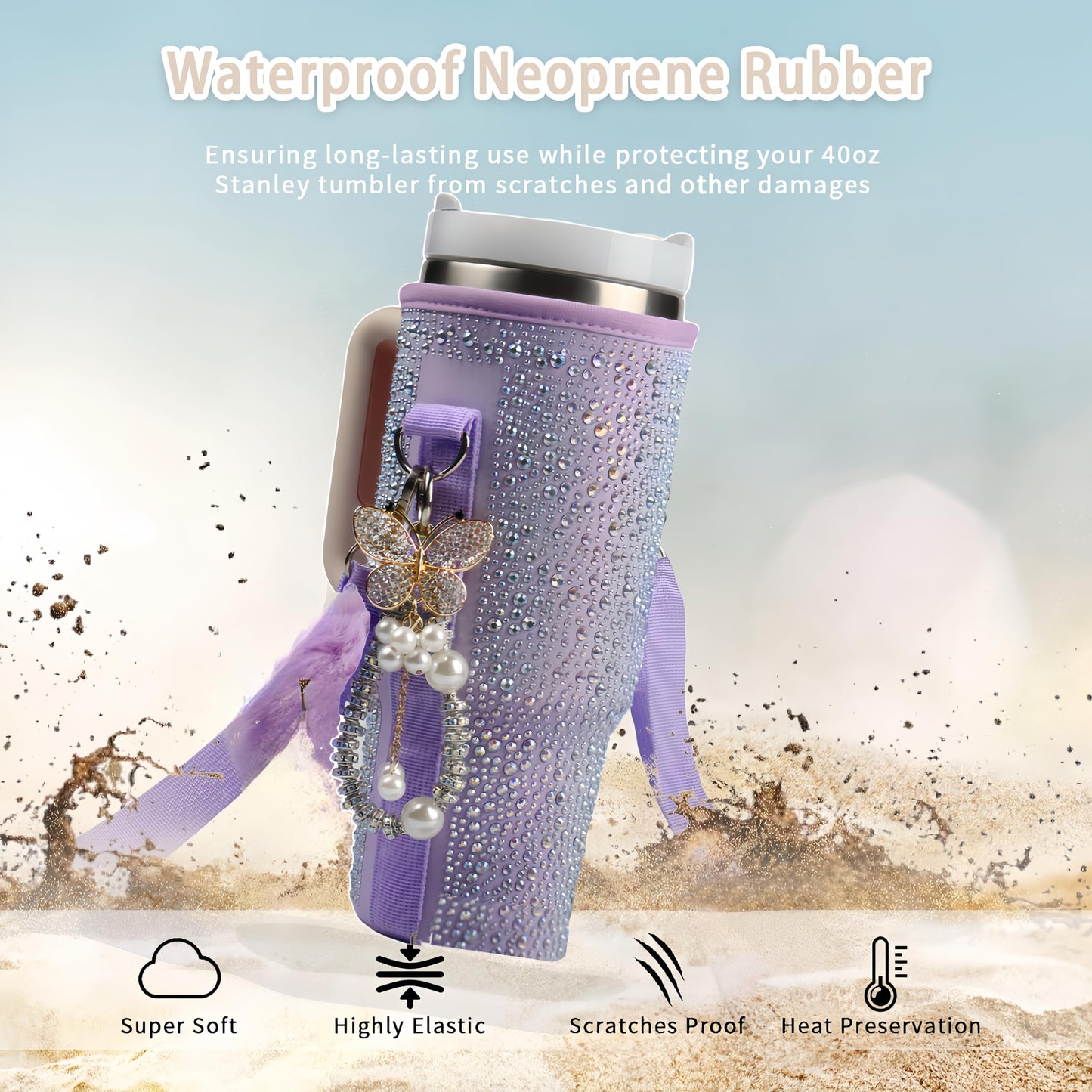 Water Bottle Carrier Bag for Stanley 40oz Tumbler - Stanley Cup Belt Bag with Adjustable Strap, Straw Cover & Pearl Bracelet - Stanley Cup Accessories(Purple Diamond Pro)