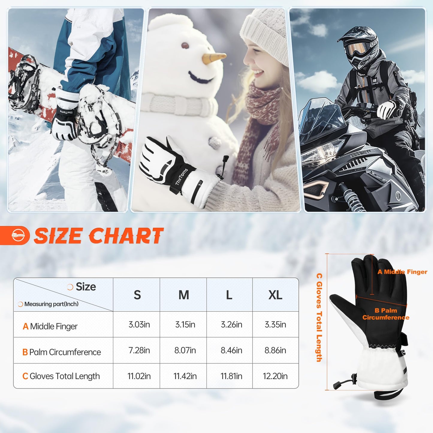 ThxToms Ski Gloves, Waterproof Winter Gloves for Men Women, 3M Thinsulate Warm Gloves, Unisex Touchscreen Snowboarding Gloves, Medium, White
