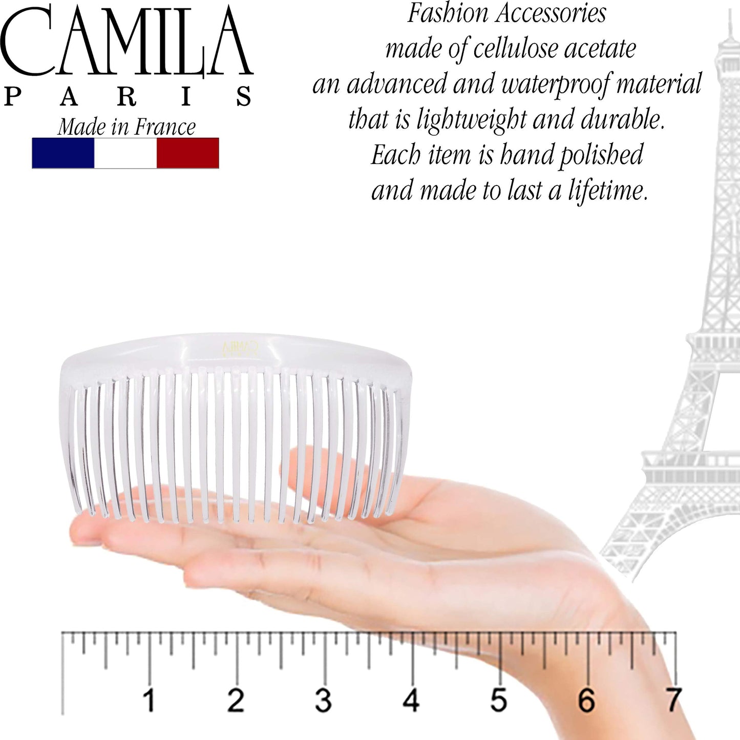 Camila Paris CP2911 French Side Combs Large Curved, Clear French Twist Hair Combs Decorative, Strong Hold Hair Clips for Women Bun Chignon Up-Do, No Slip Styling Girls Hair Accessories, Made in France