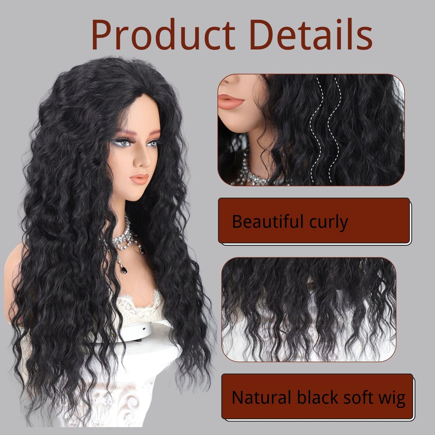 Fencca Long Curly Black Wigs for Women Black Wavy Wig Natural Looking Loose Wave Hair Glueless Heat Resistant Synthetic Wig Hair Replacement Wig