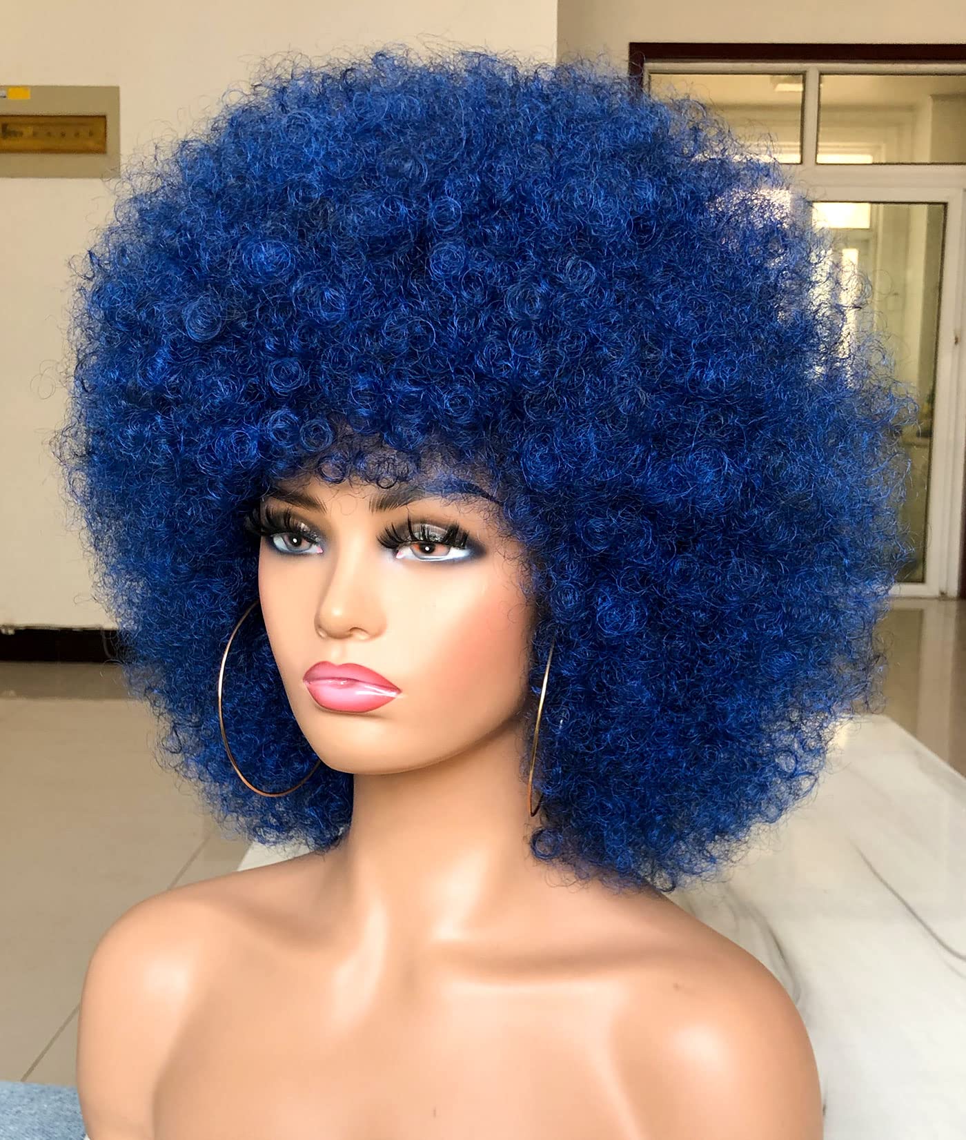 HIHOO Short Afro Wig with Bangs for Black Women Afro Kinky Curly Wig 70s Premium Synthetic Big Afro Wig(Blue)