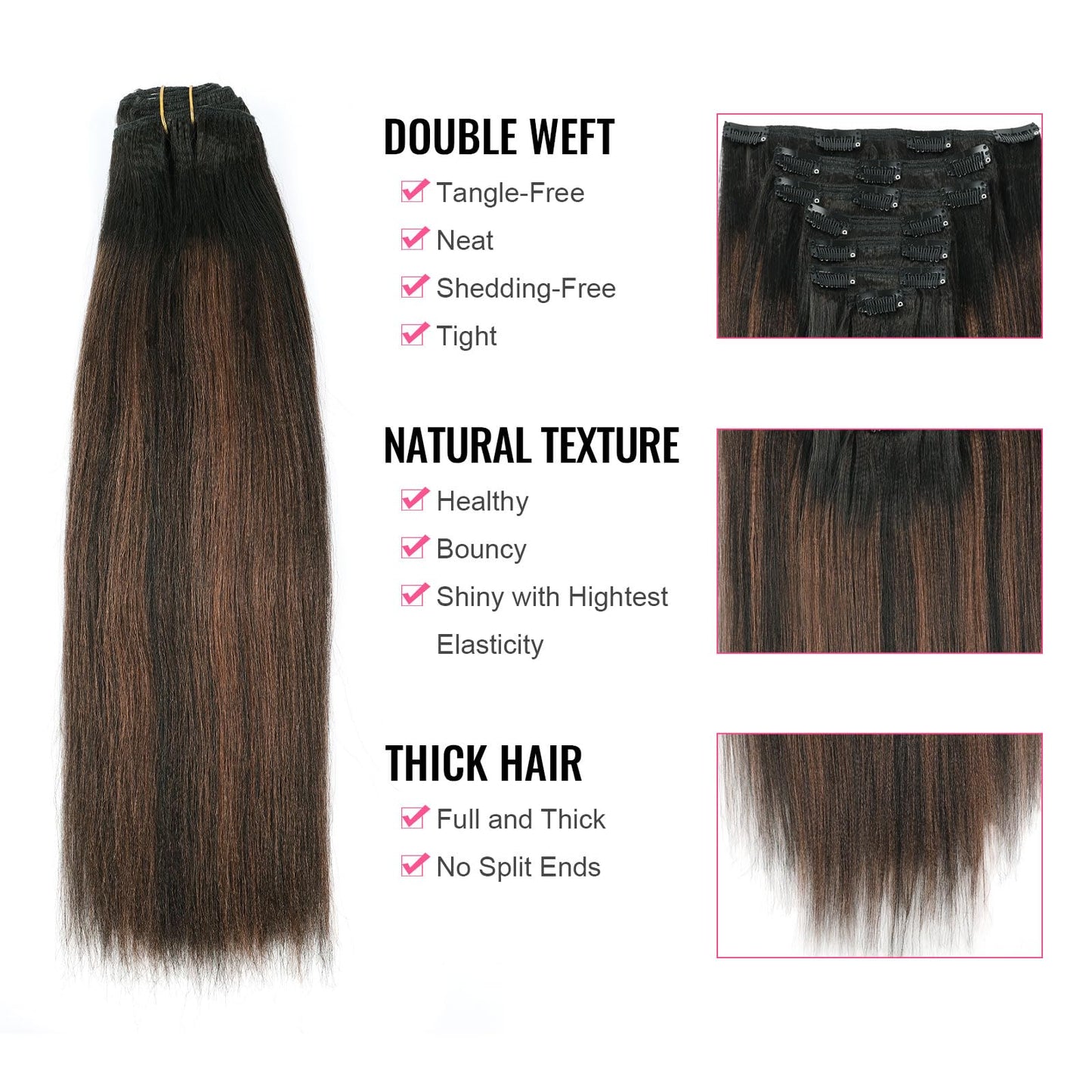 ABH AMAZINGBEAUTY HAIR Yaki Straight Clip in Hair Extensions Real Human Hair Rooted Black Piano Natural Black #1B Mixed With Chocolate Brown #4 Two Tone Light Yaki Clip ins for Black Women 18inch 120G