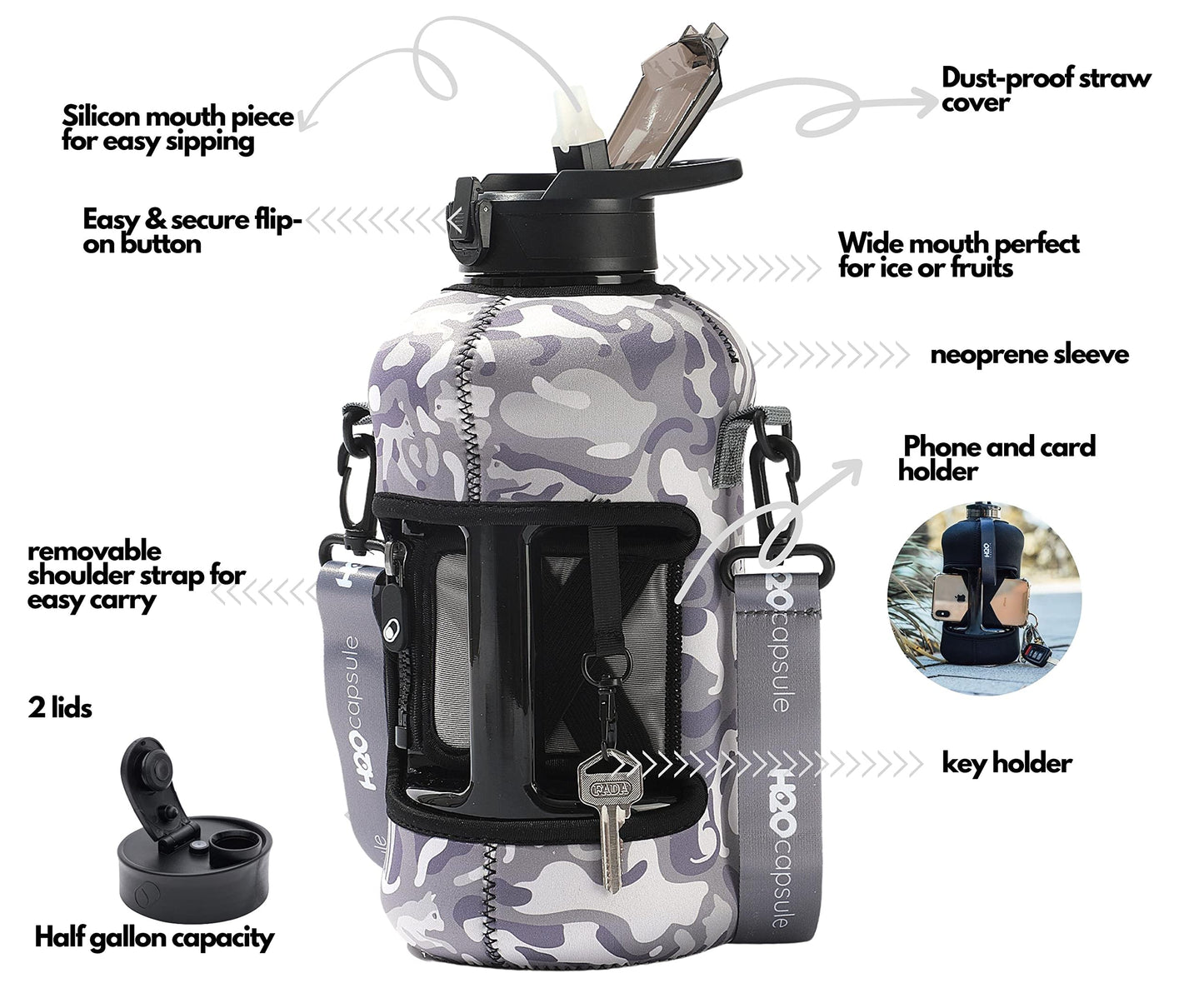 H2O Capsule 2.2L Half Gallon Water Bottle with Storage Sleeve and Covered Straw Lid – BPA Free Large Reusable Drink Container with Handle - Big Sports Jug, 2.2 Liter (74 Ounce) Camo Cats