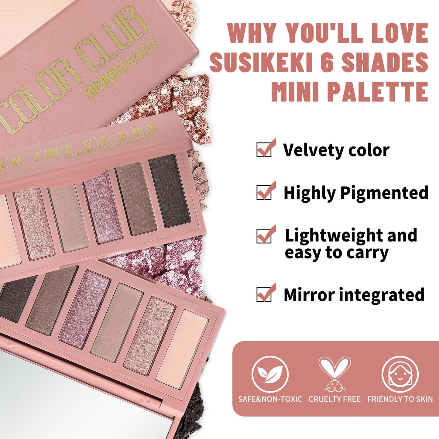 SUSIKEKI 6 Colors Mini Naked Eyeshadow Makeup Palette Rosy Neutral Nude Eye Shadow Shimmer & Matte Make Up Pallet with Mirror Highly Pigmented Long Lasting Waterproof Travel Size Gift Kit 02