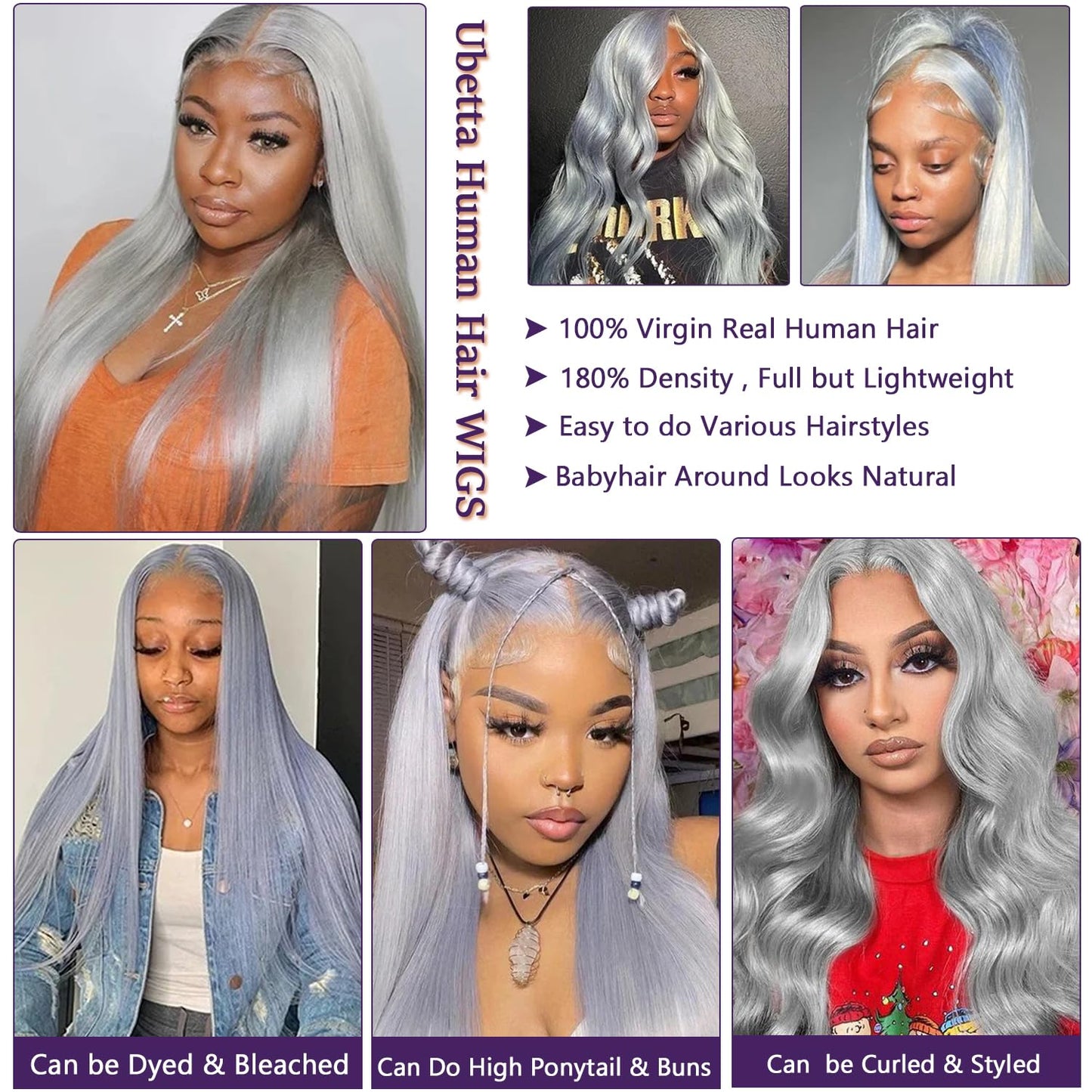 Grey Lace Front Wigs Human Hair 22 Inch 13x6 Grey Wig Human Hair Pre Plucked Glueless HD Lace Front Grey Wigs for Black Women 180% Density Colored Silver Grey Straight Human Hair Lace Front Wigs